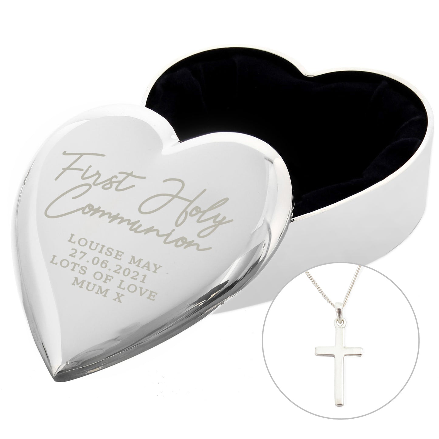 Personalised First Holy Communion Heart Trinket Box & Cross Necklace Set - MK&JD Gifts