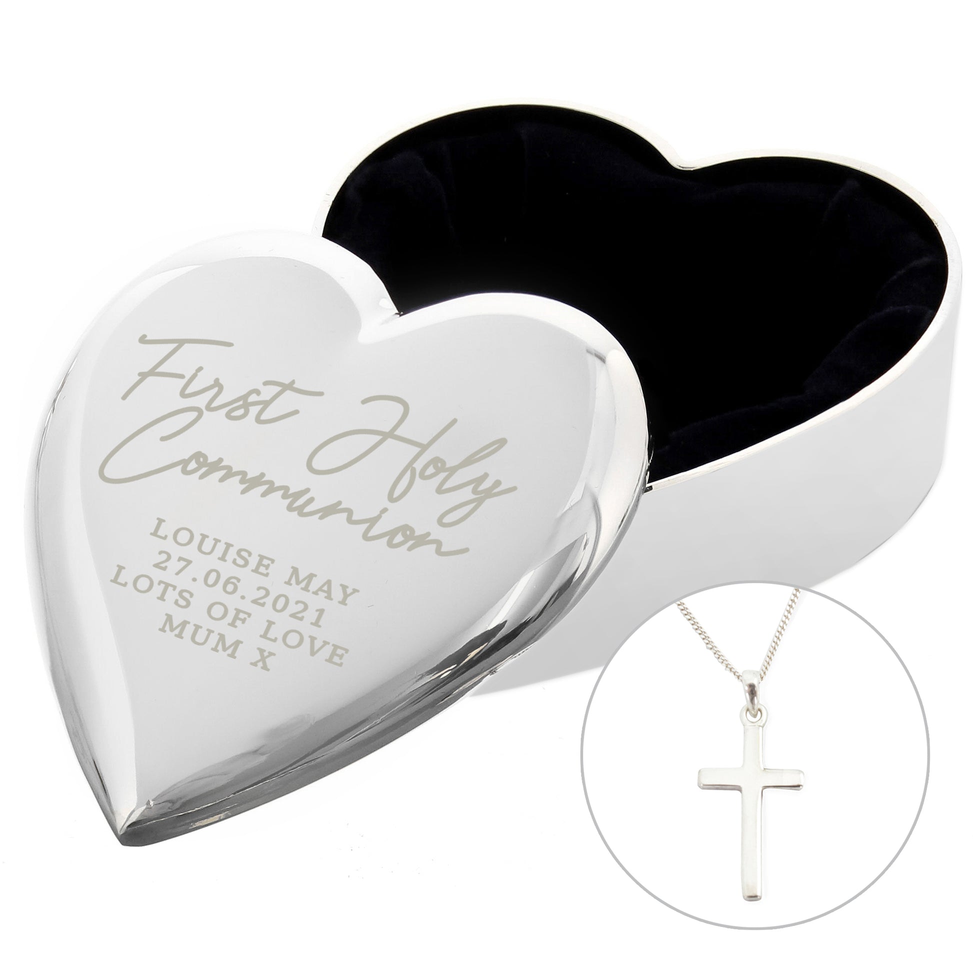 Personalised First Holy Communion Heart Trinket Box & Cross Necklace Set - MK&JD Gifts