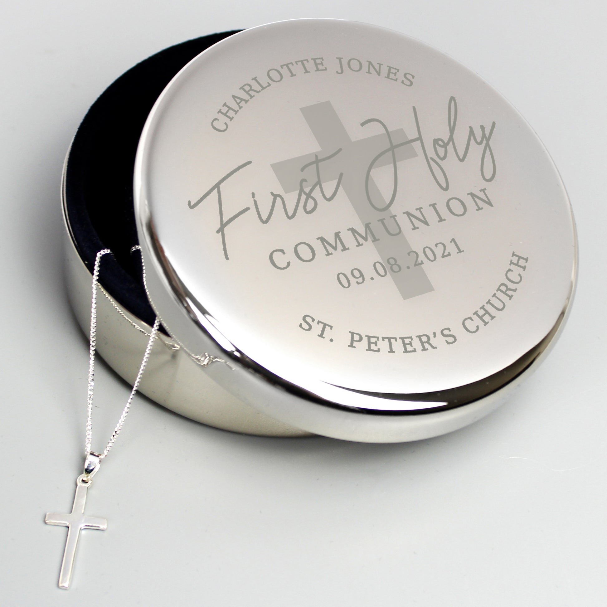 Personalised First Holy Communion Round Trinket Box & Cross Necklace Set - MK&JD Gifts