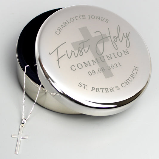 Personalised First Holy Communion Round Trinket Box & Cross Necklace Set - MK&JD Gifts