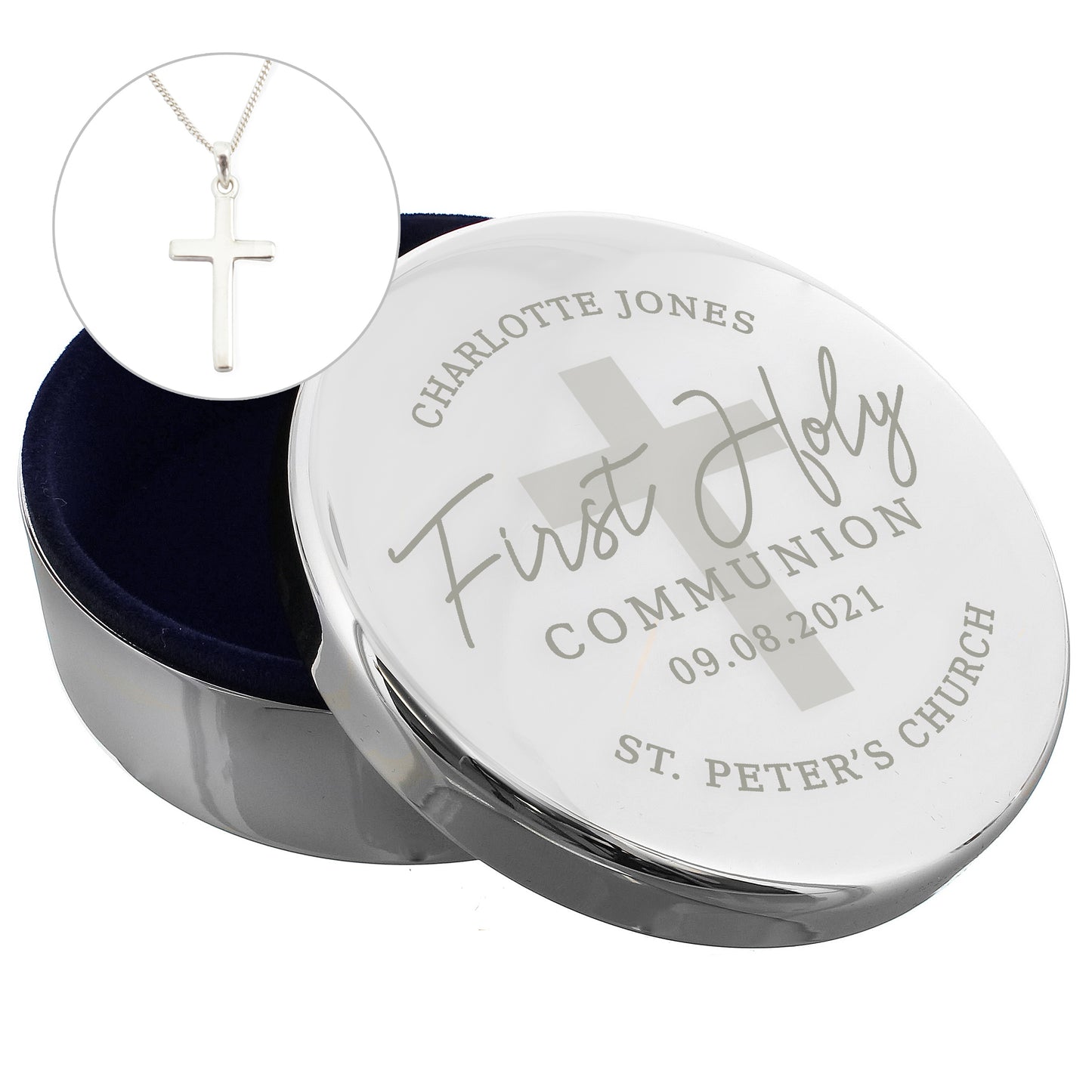Personalised First Holy Communion Round Trinket Box & Cross Necklace Set - MK&JD Gifts