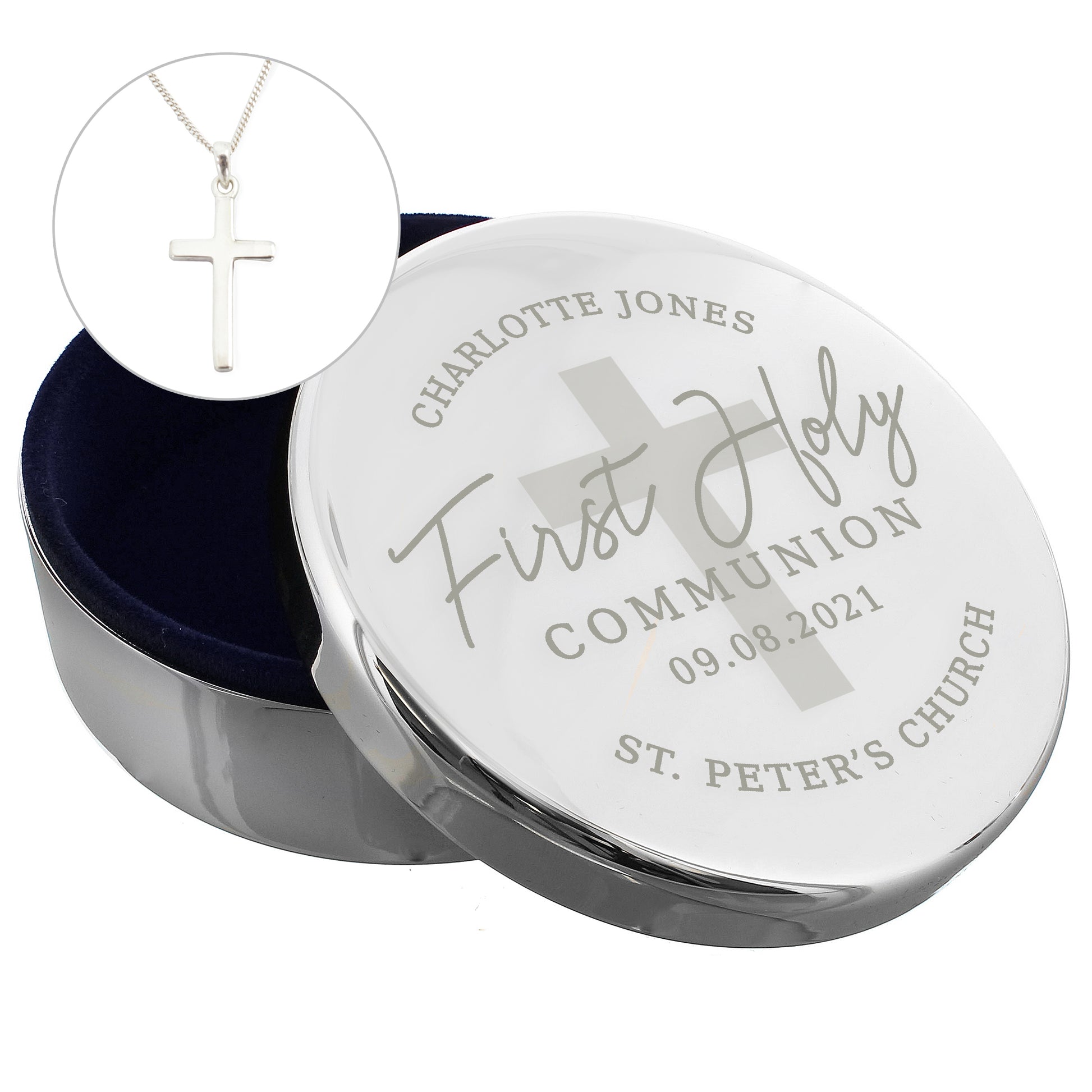 Personalised First Holy Communion Round Trinket Box & Cross Necklace Set - MK&JD Gifts