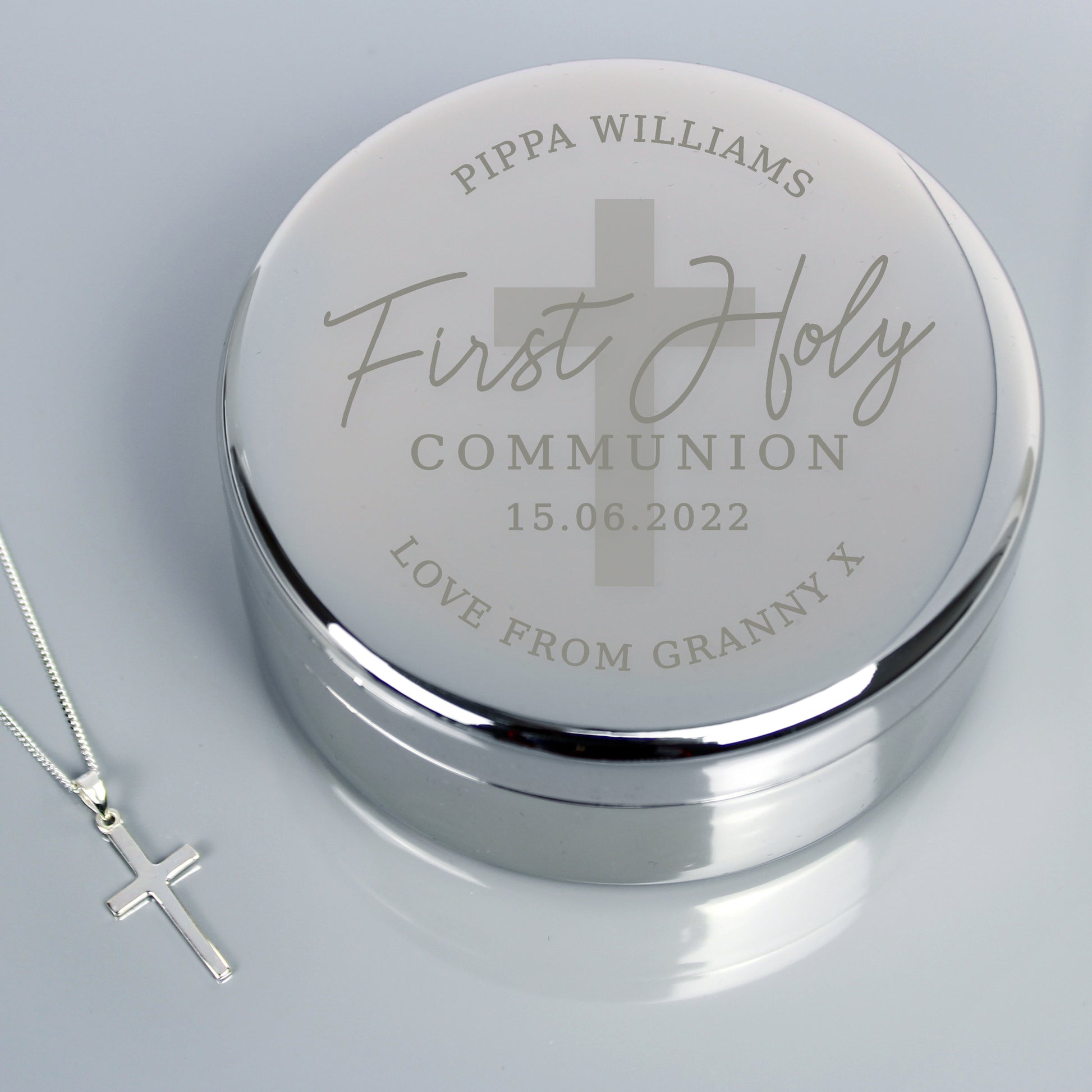 Personalised First Holy Communion Round Trinket Box & Cross Necklace Set - MK&JD Gifts