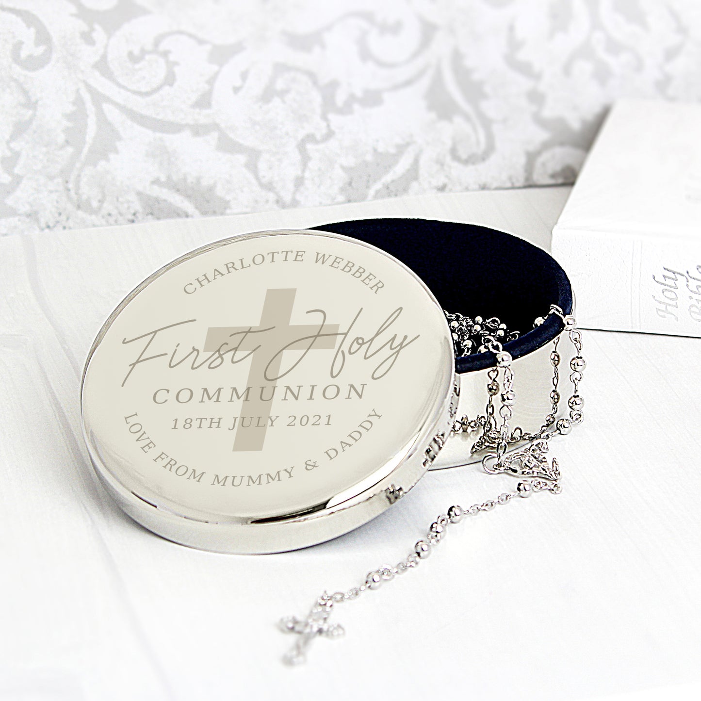 Personalised First Holy Communion Round Trinket Box & Rosary Beads Set - MK&JD Gifts
