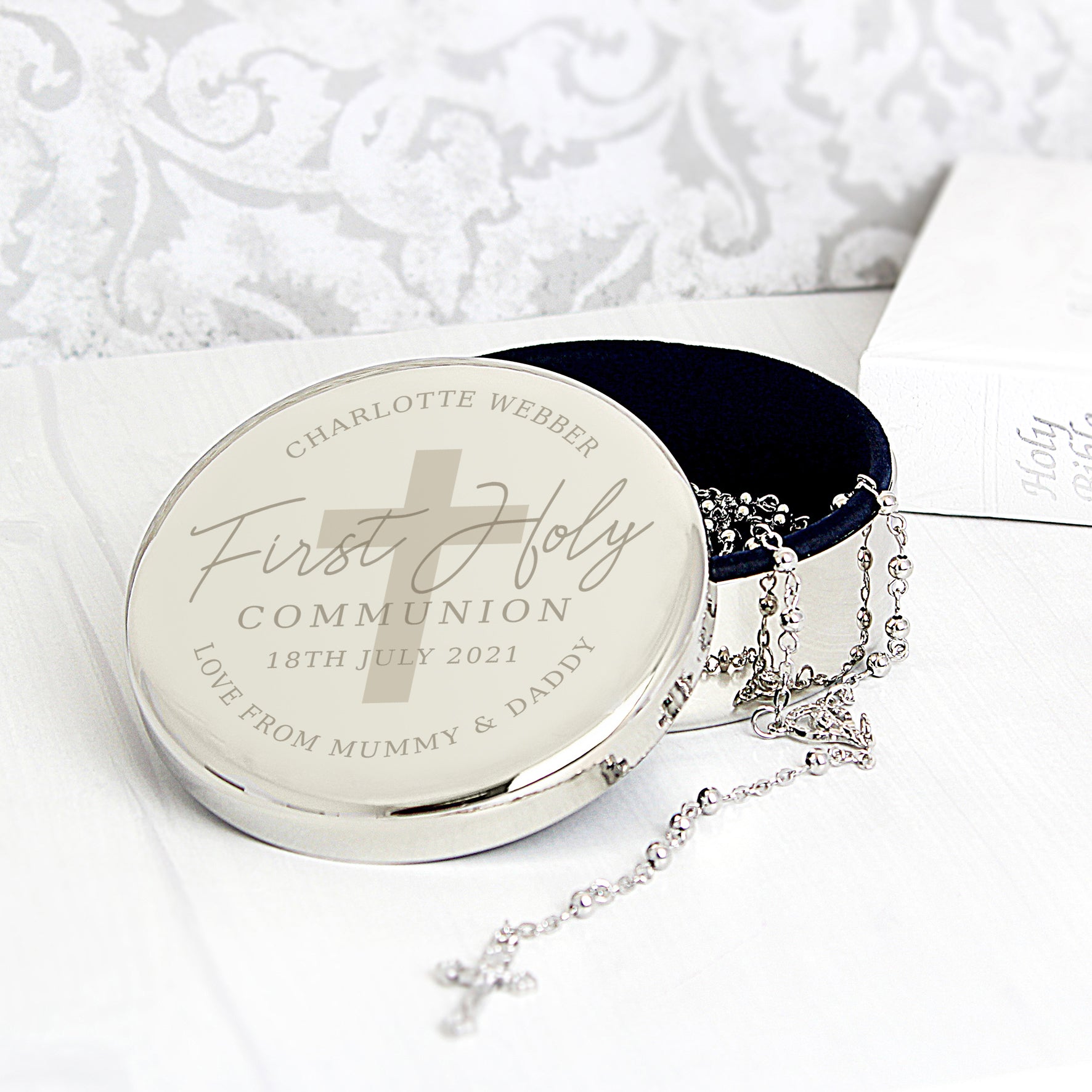Personalised First Holy Communion Round Trinket Box & Rosary Beads Set - MK&JD Gifts