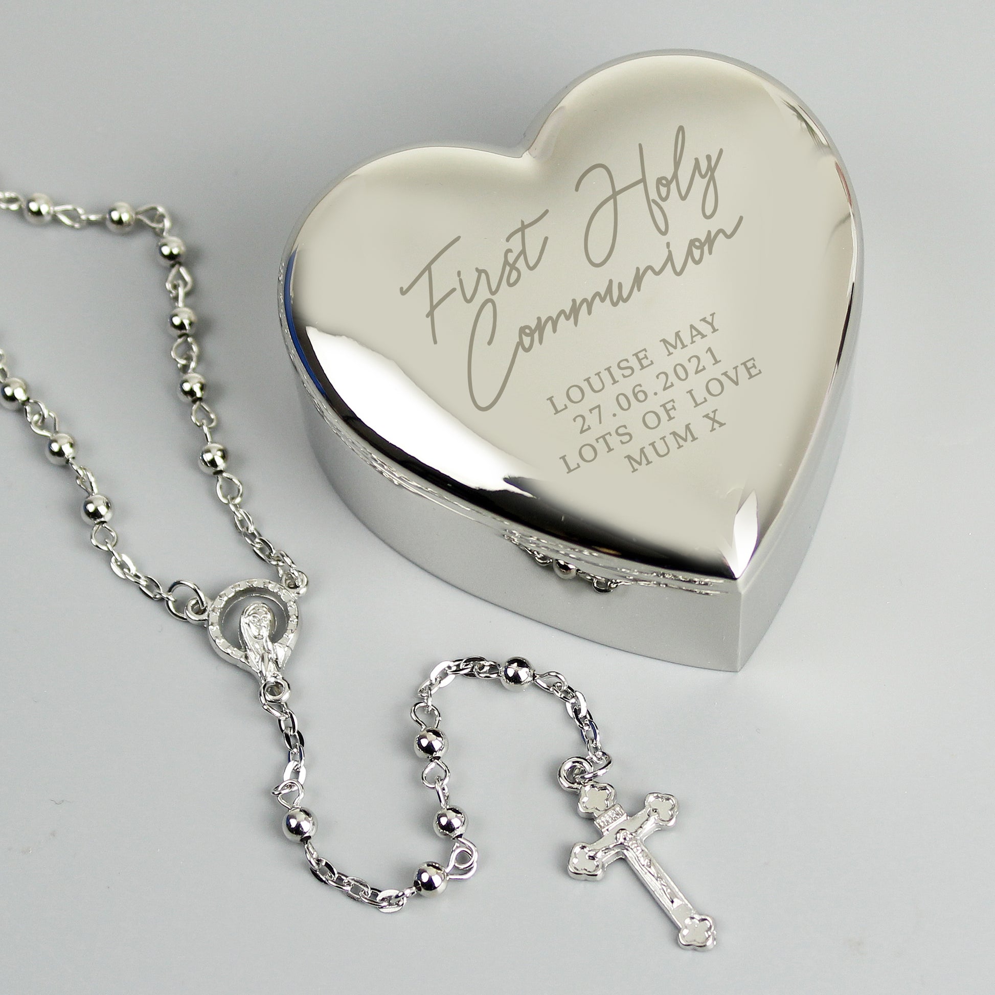 Personalised First Holy Communion Rosary Beads and Cross Heart Trinket Box - MK&JD Gifts