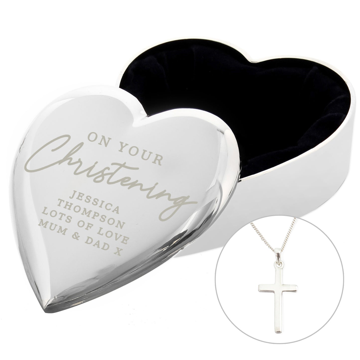 Personalised Christening Heart Trinket Box & Cross Necklace Set - MK&JD Gifts