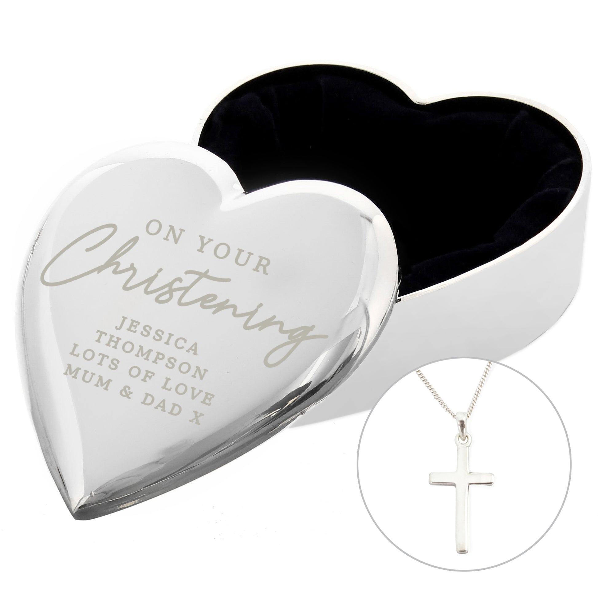 Personalised Christening Heart Trinket Box & Cross Necklace Set - MK&JD Gifts