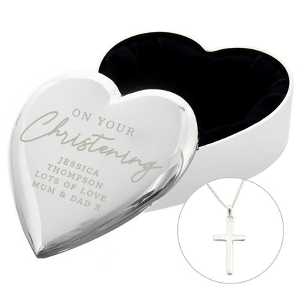 Personalised Christening Heart Trinket Box & Cross Necklace Set - MK&JD Gifts