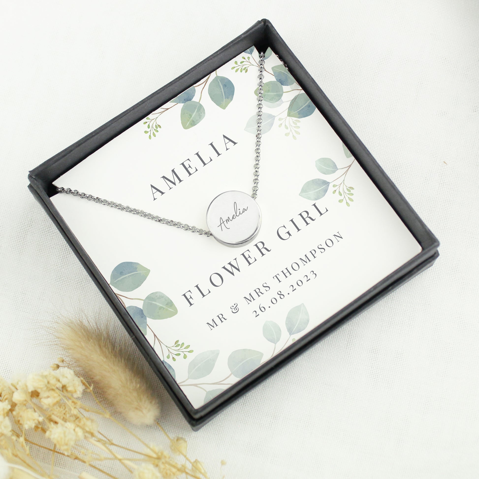 Personalised Botanical Sentiment Silver Tone Necklace and Box - MK&JD Gifts