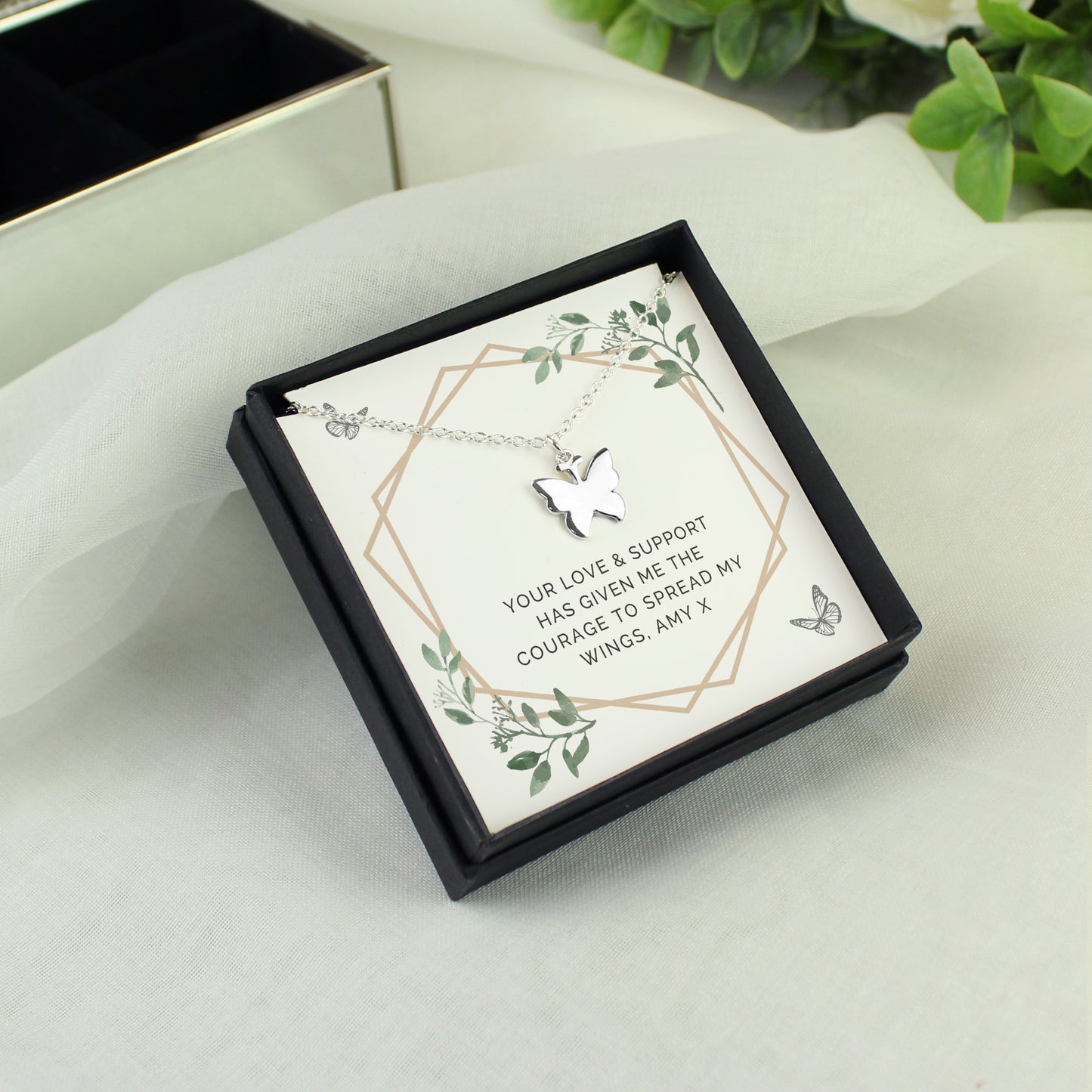 Personalised Botanical Sentiment Butterfly  Necklace and Box - MK&JD Gifts