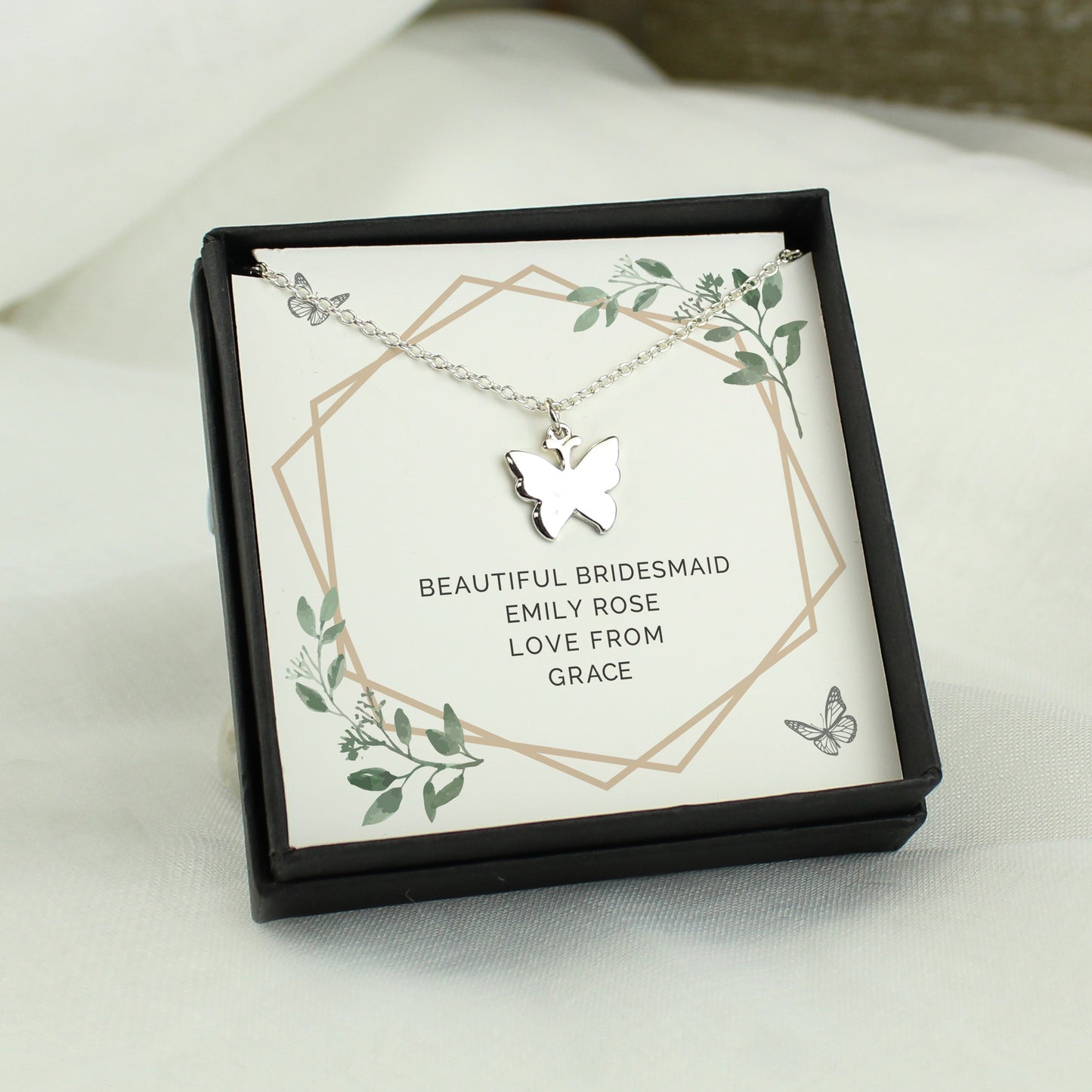 Personalised Botanical Sentiment Butterfly  Necklace and Box - MK&JD Gifts