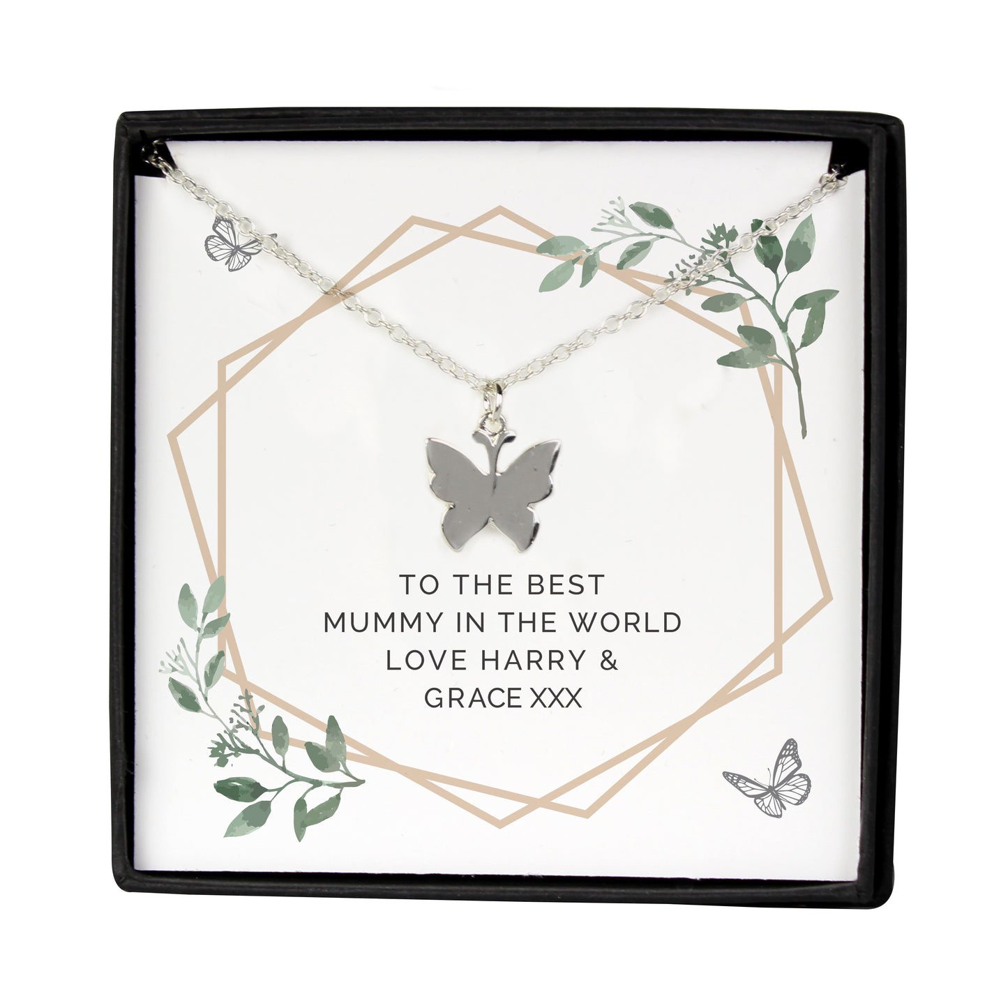 Personalised Botanical Sentiment Butterfly  Necklace and Box - MK&JD Gifts