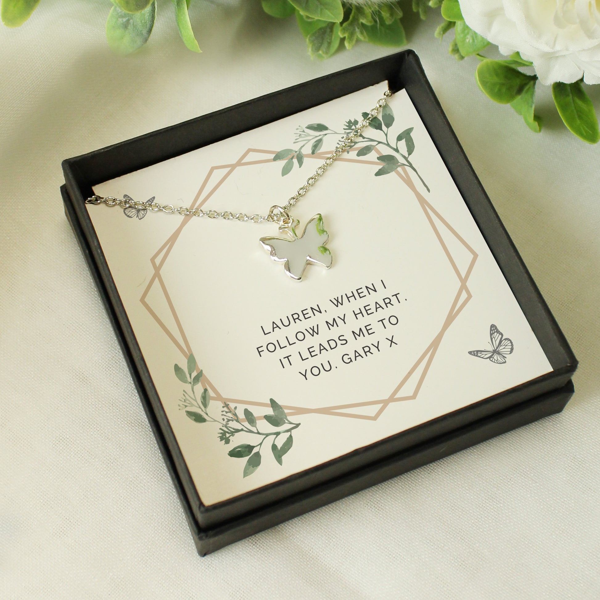 Personalised Botanical Sentiment Butterfly  Necklace and Box - MK&JD Gifts