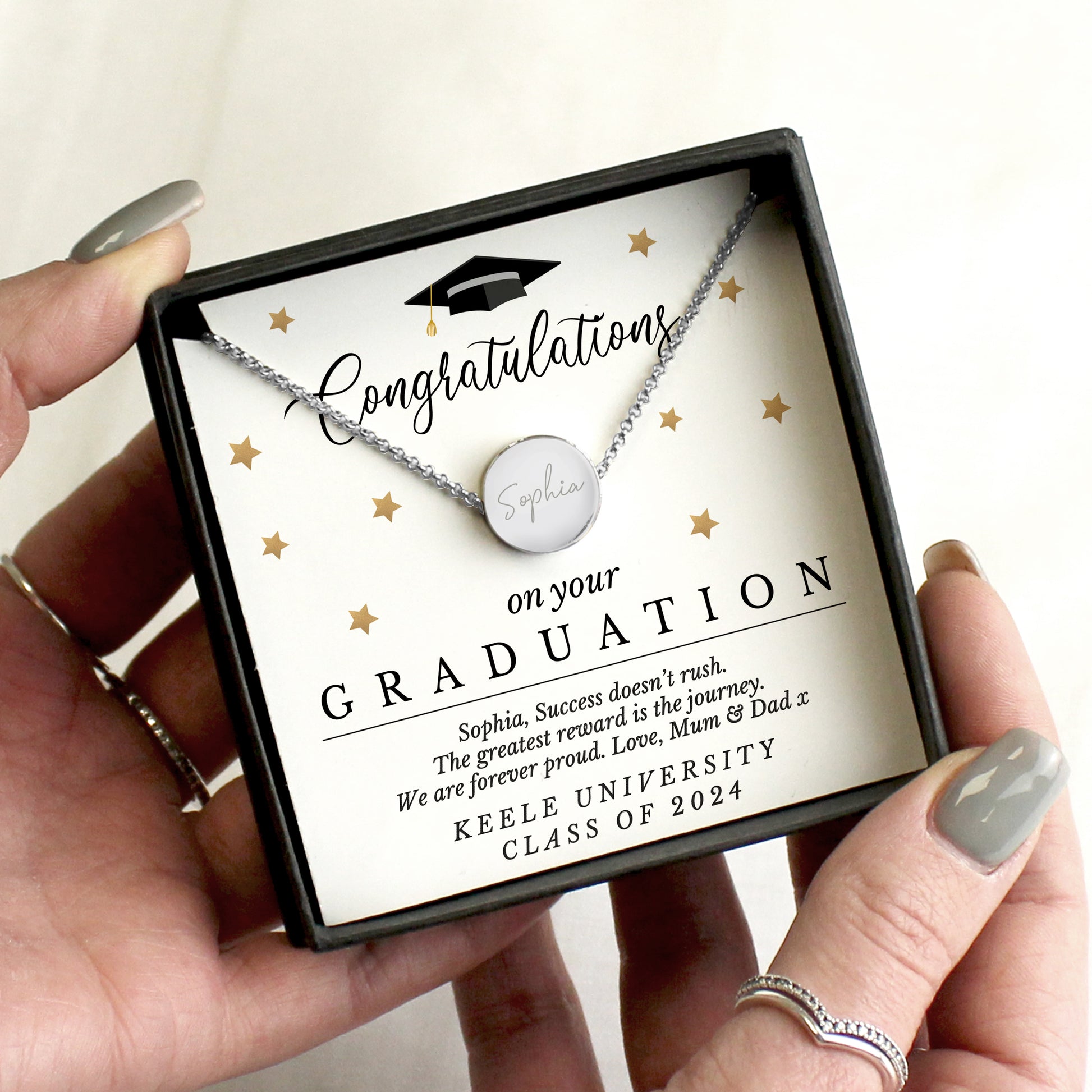 Personalised Graduation Sentiment Silver Tone Necklace and Box - MK&JD Gifts