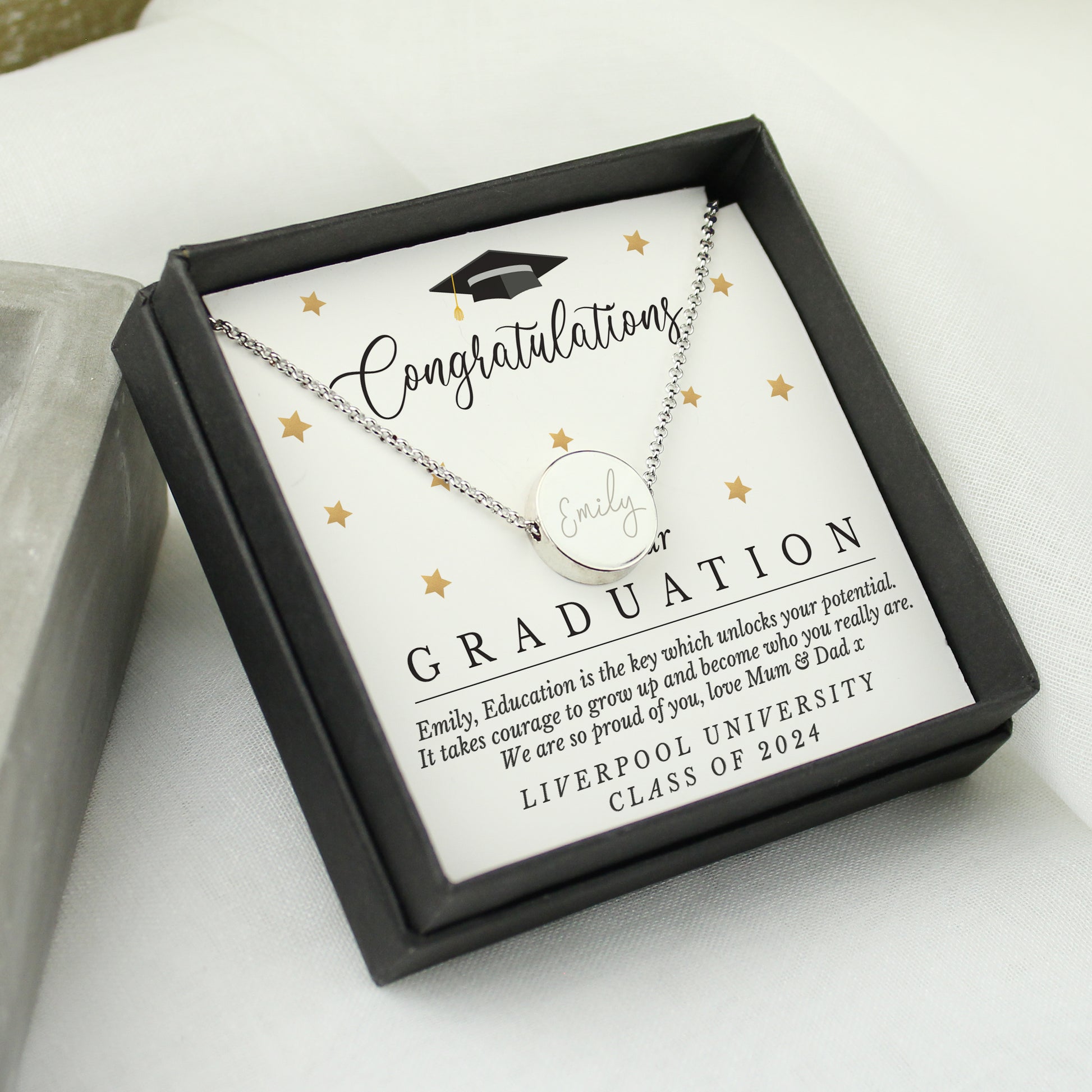 Personalised Graduation Sentiment Silver Tone Necklace and Box - MK&JD Gifts