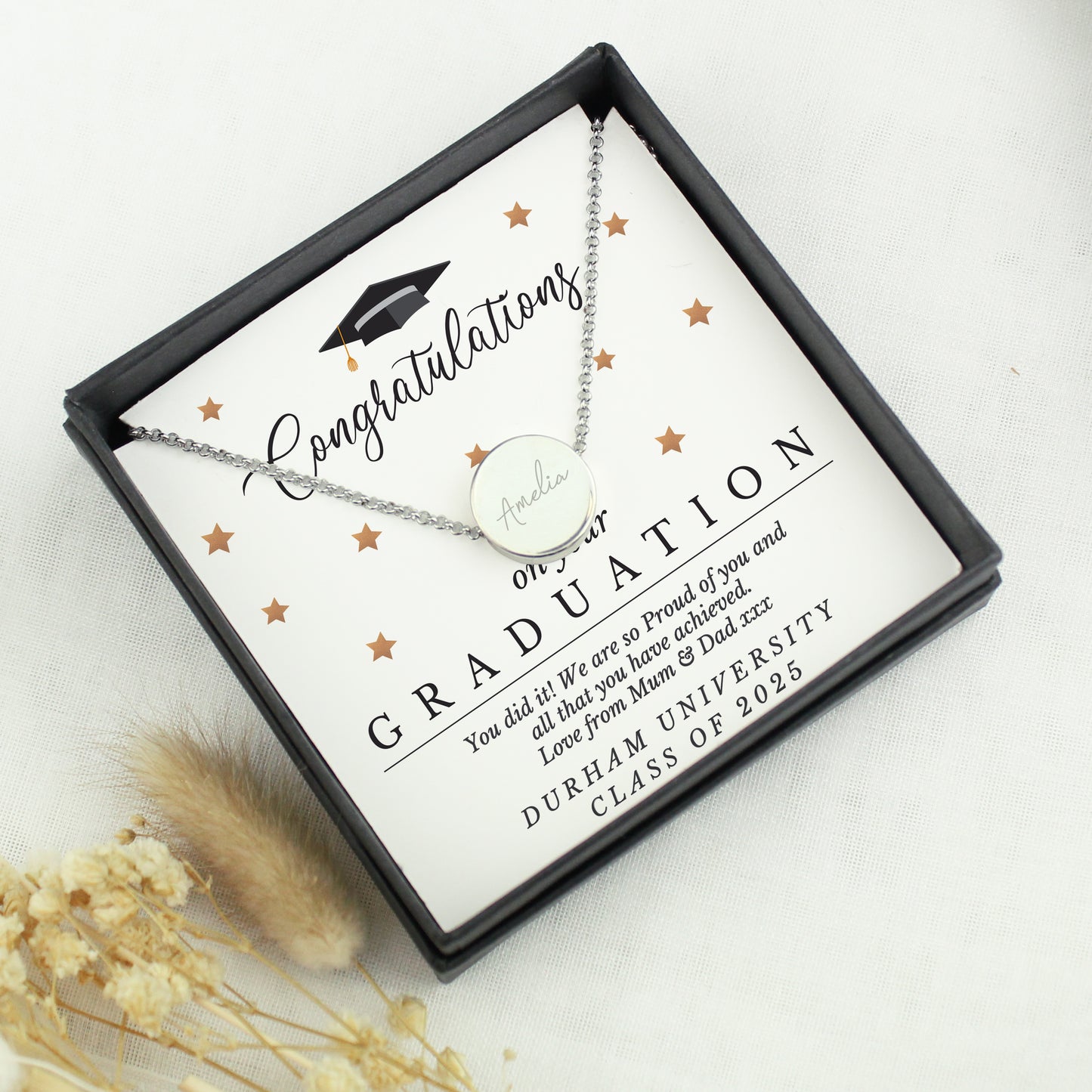Personalised Graduation Sentiment Silver Tone Necklace and Box - MK&JD Gifts