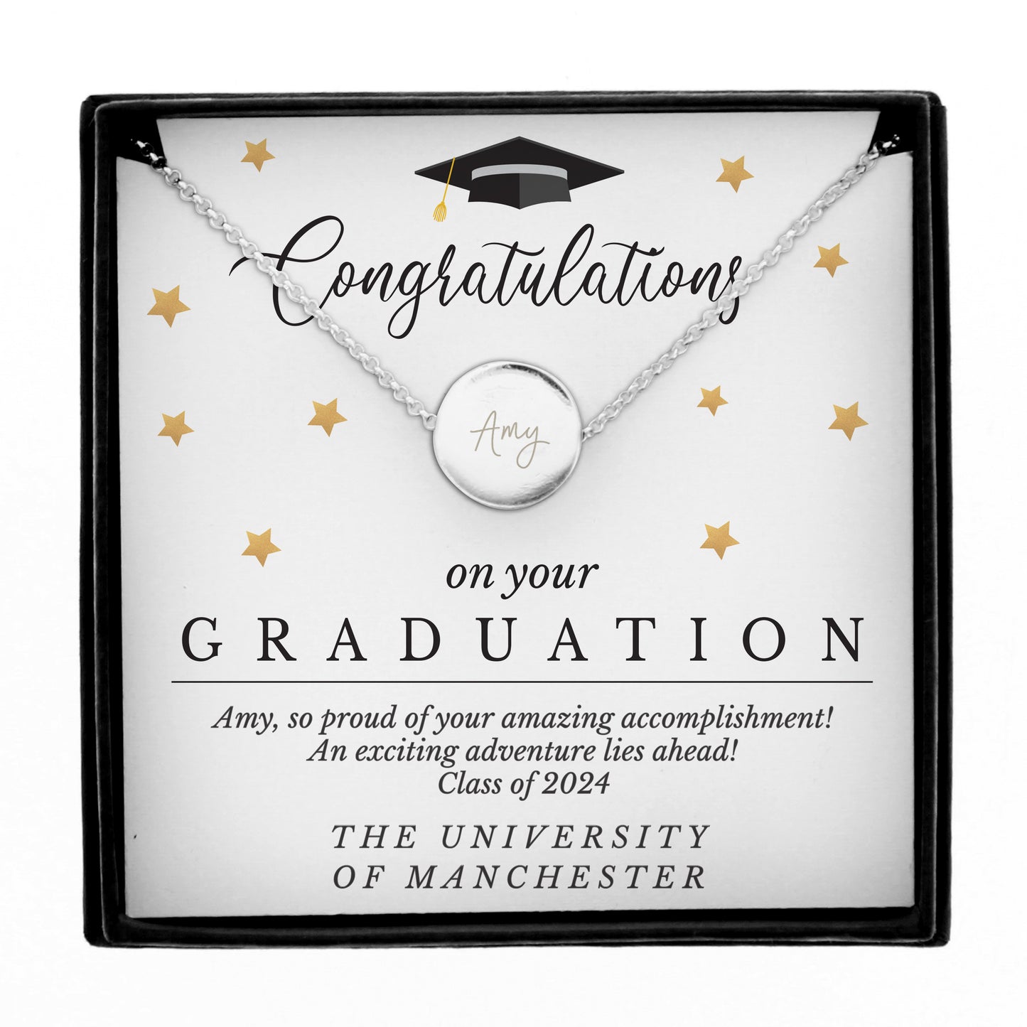 Personalised Graduation Sentiment Silver Tone Necklace and Box - MK&JD Gifts