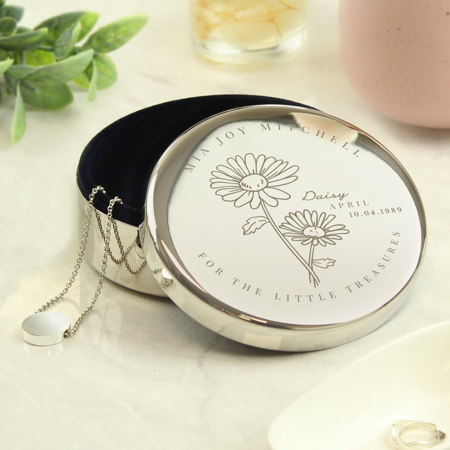 Personalised April Birth Flower Round Trinket Box