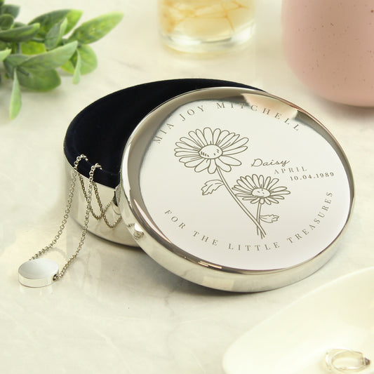 Personalised April Birth Flower Round Trinket Box