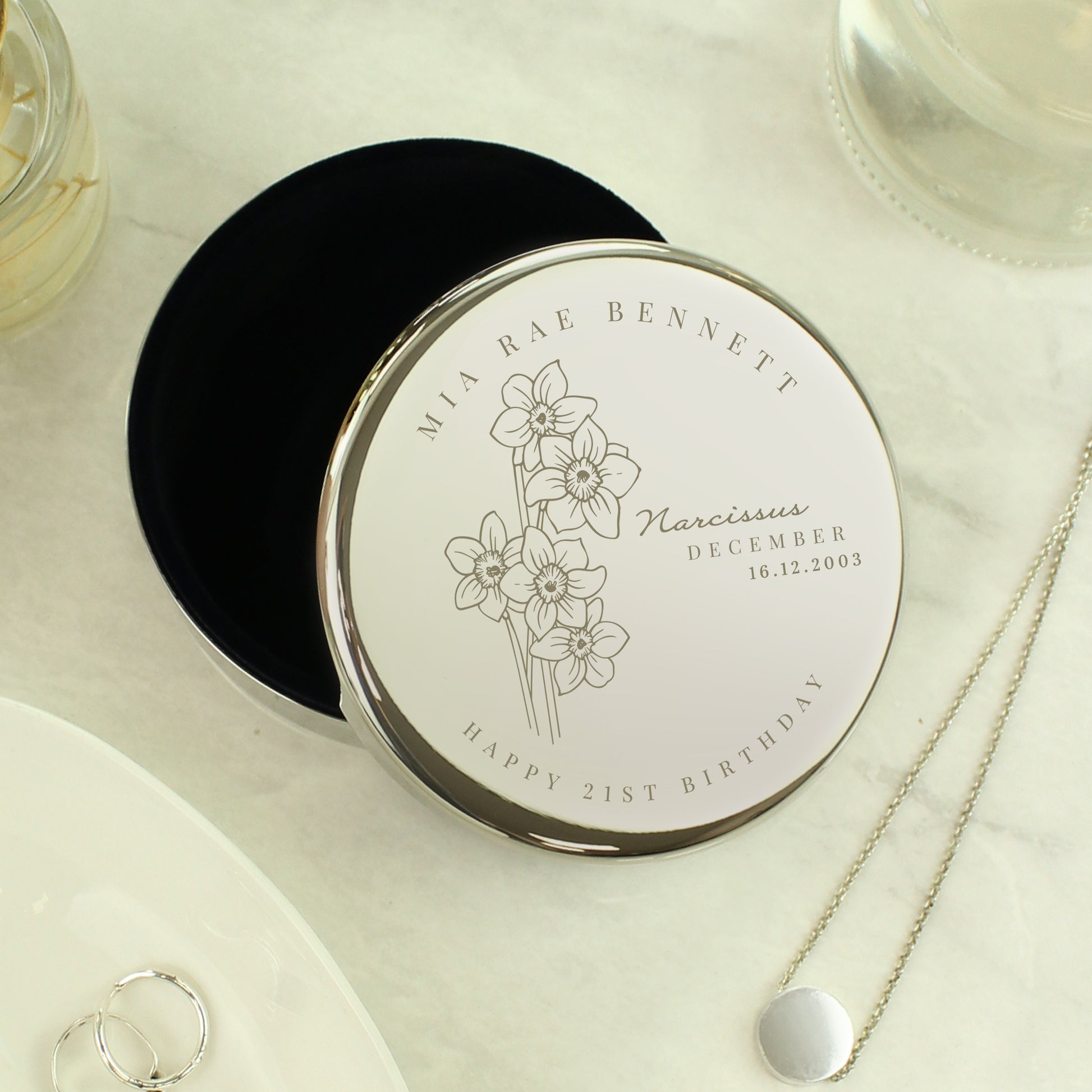 Personalised December Birth Flower Round Trinket Box - MK&JD Gifts