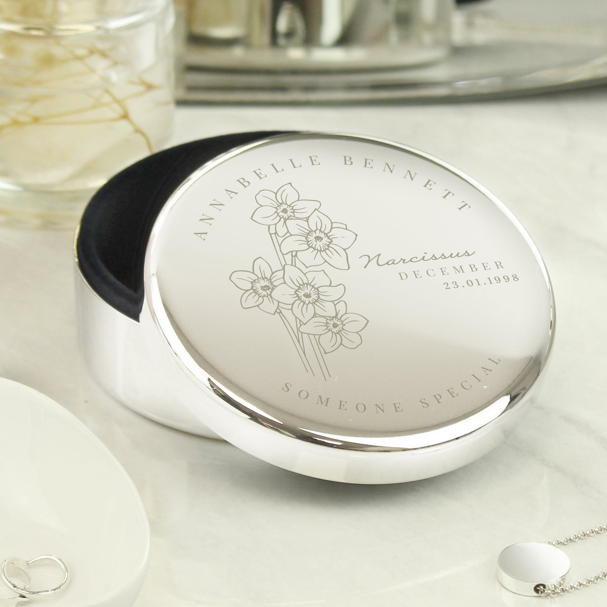 Personalised December Birth Flower Round Trinket Box - MK&JD Gifts