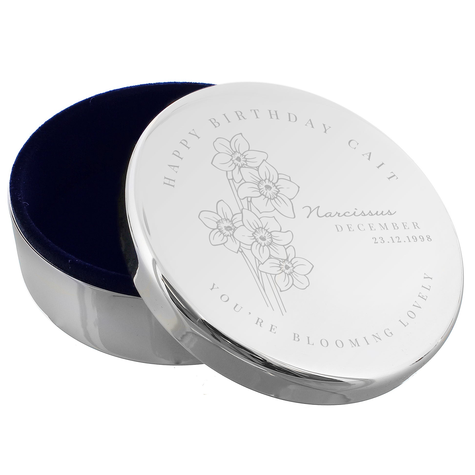 Personalised December Birth Flower Round Trinket Box - MK&JD Gifts