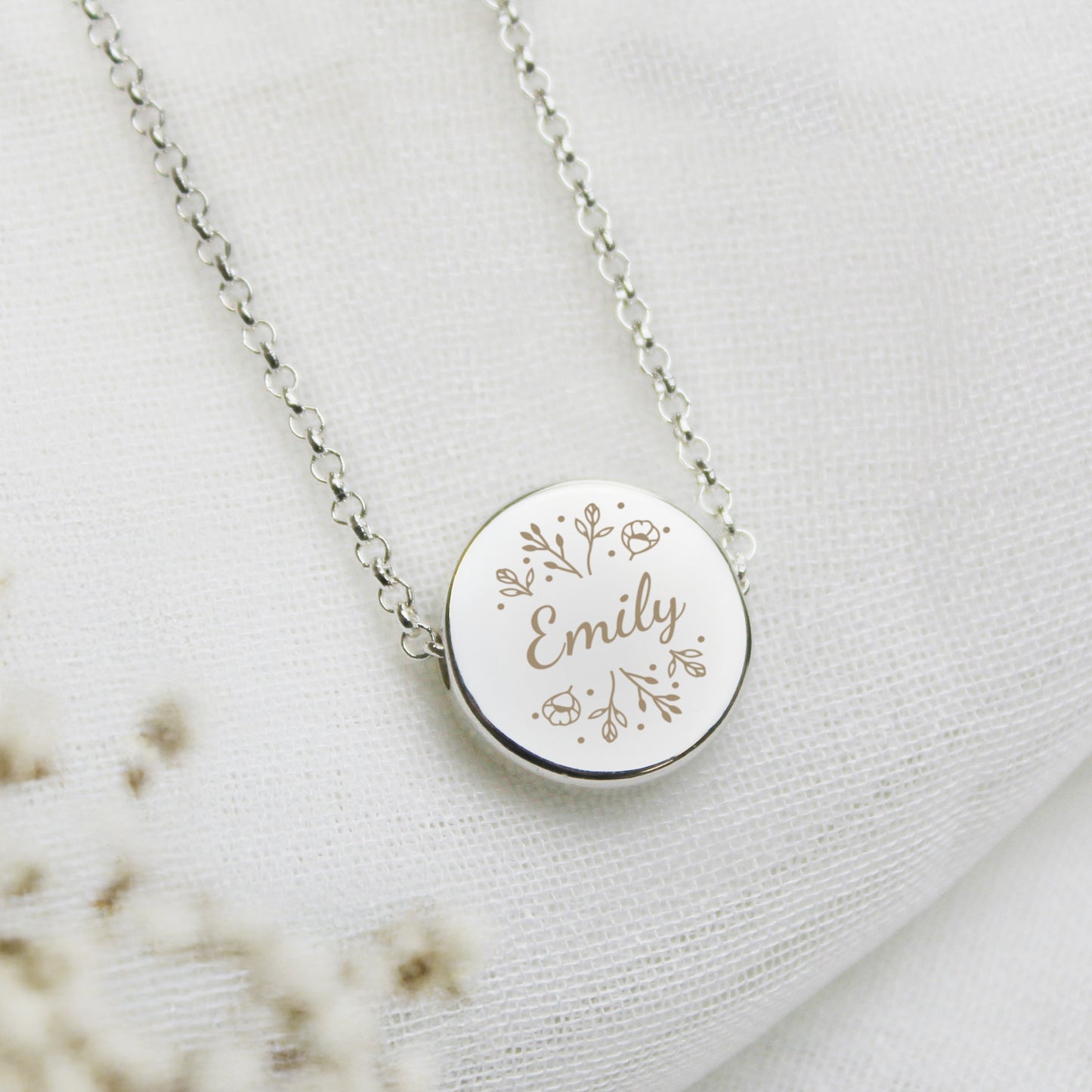 Personalised Silver Tone Wild Flowers Disc Necklace - MK&JD Gifts