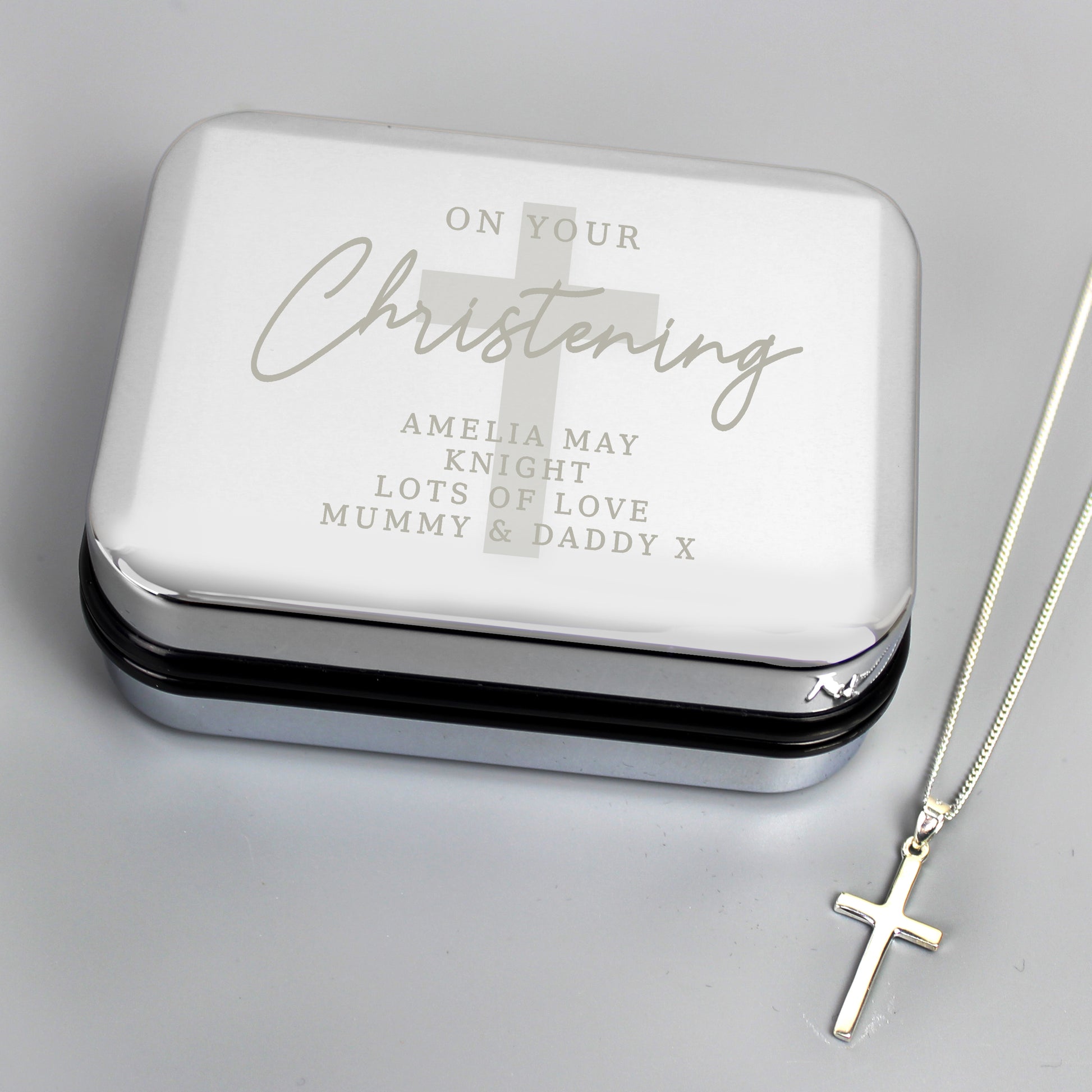 Personalised Christening Trinket Box & Sterling Silver Cross Necklace Set - MK&JD Gifts