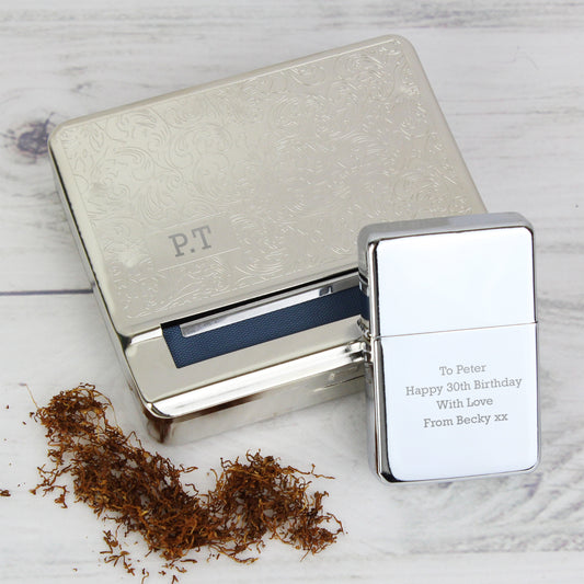 Personalised Tobacco Rolling Tin and Silver Lighter Set - MK&JD Gifts