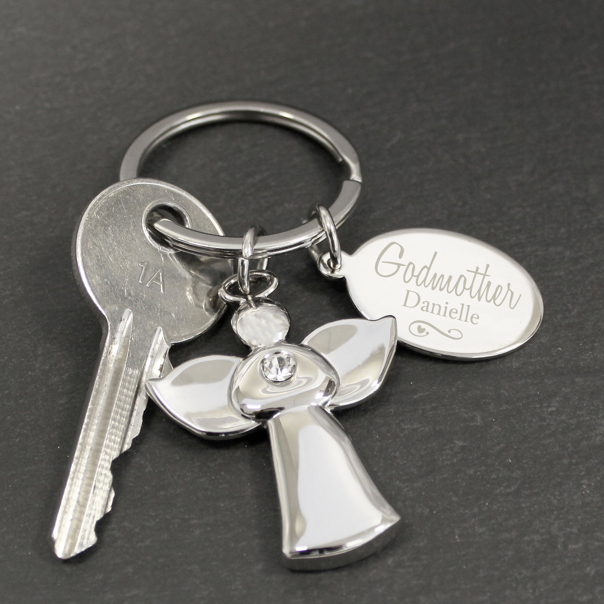 Personalised Silver Plated Swirls & Hearts Godmother Angel Keyring - MK&JD Gifts
