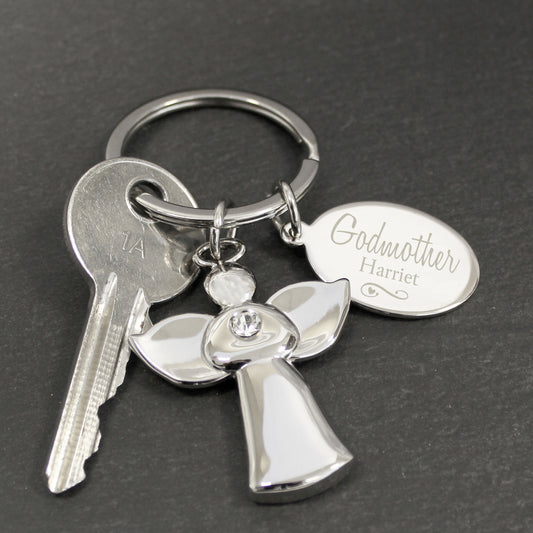 Personalised Silver Plated Swirls & Hearts Godmother Angel Keyring - MK&JD Gifts