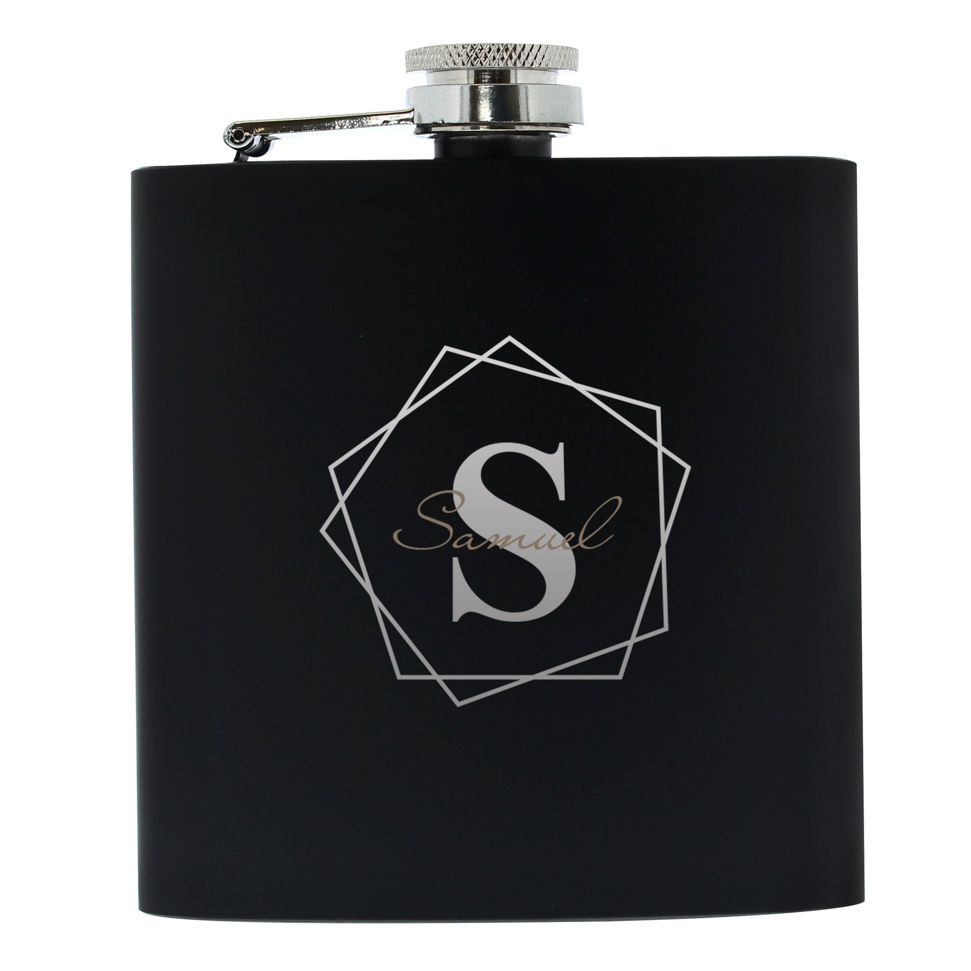Personalised Geometric Initial Black Hip Flask - MK&JD Gifts