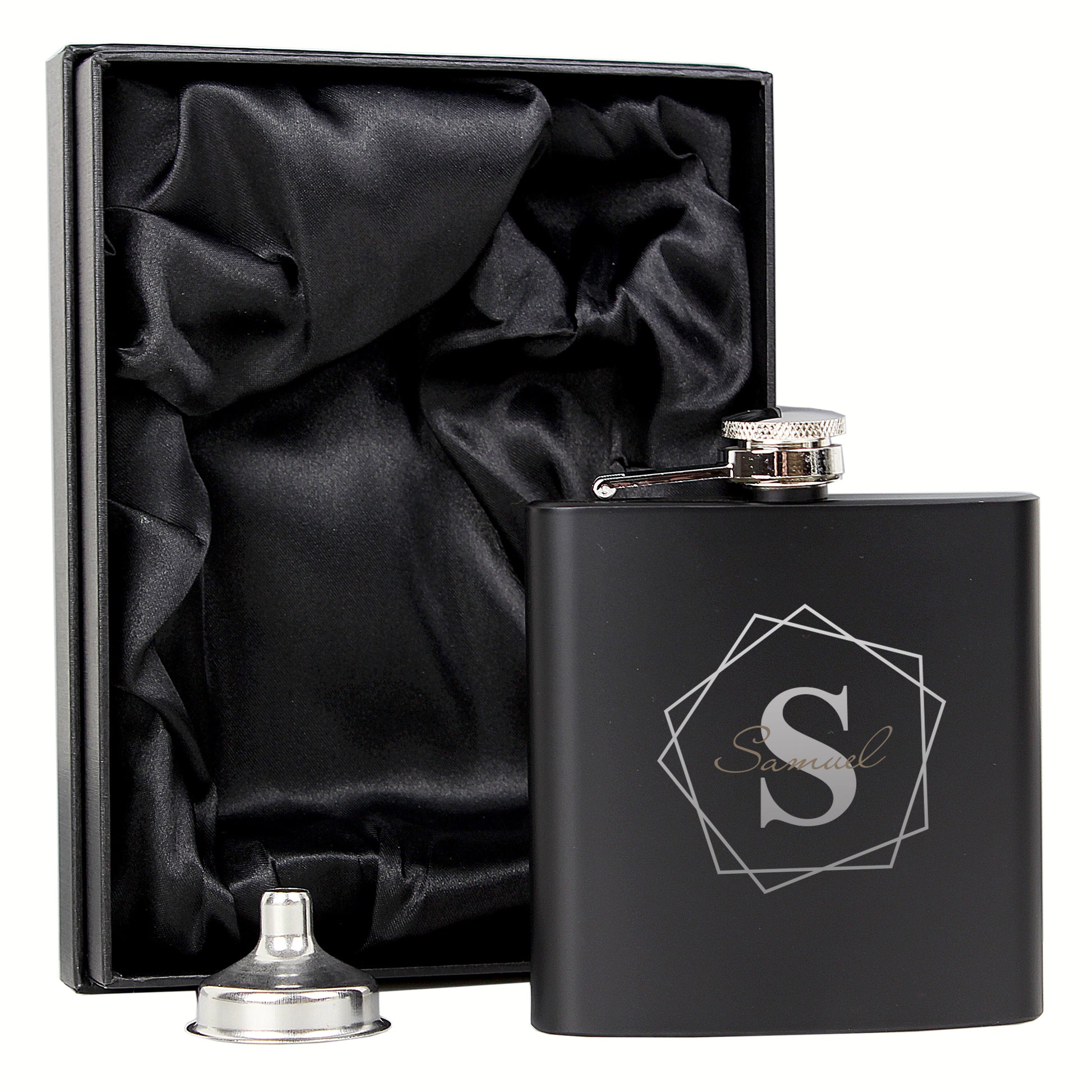 Personalised Geometric Initial Black Hip Flask - MK&JD Gifts