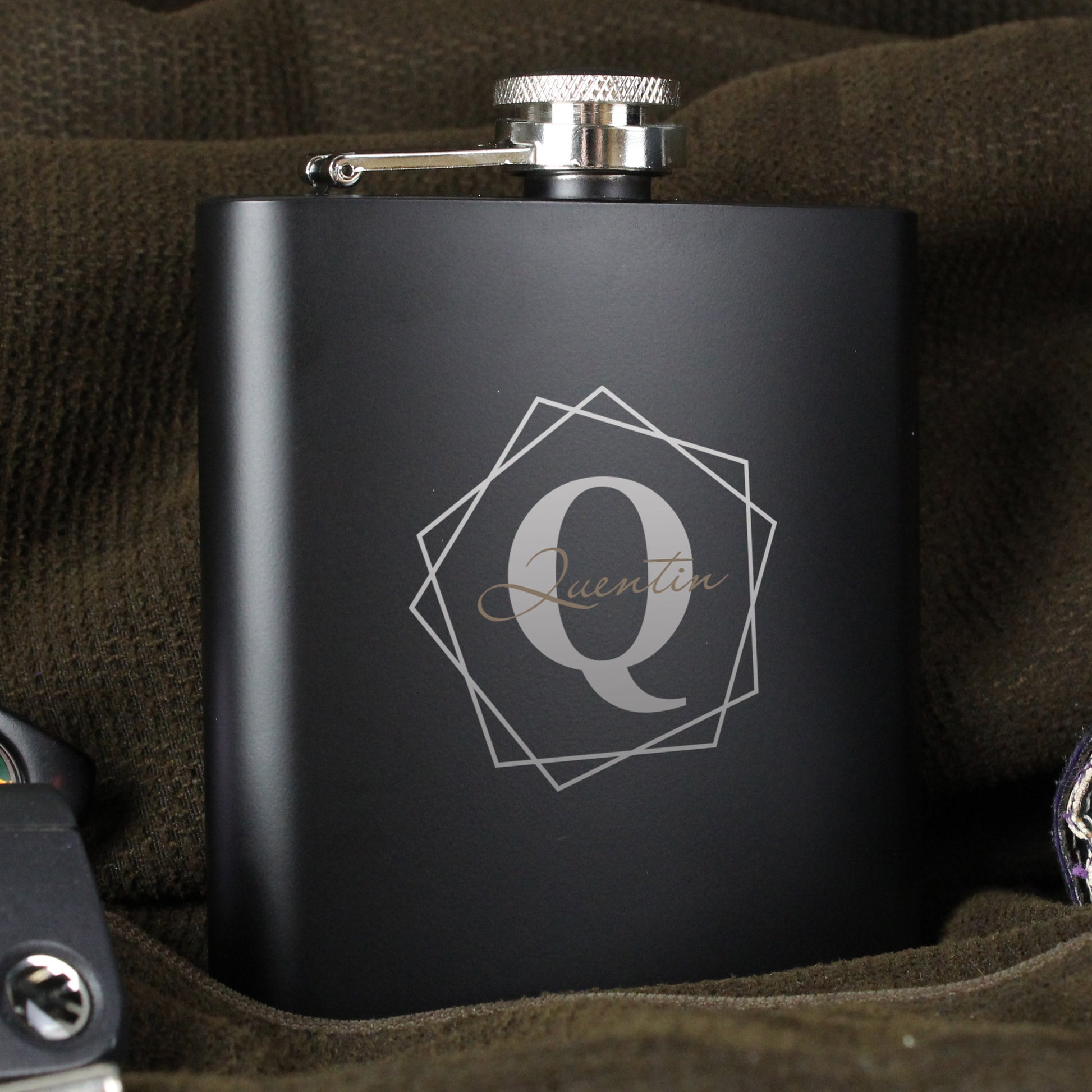 Personalised Geometric Initial Black Hip Flask - MK&JD Gifts