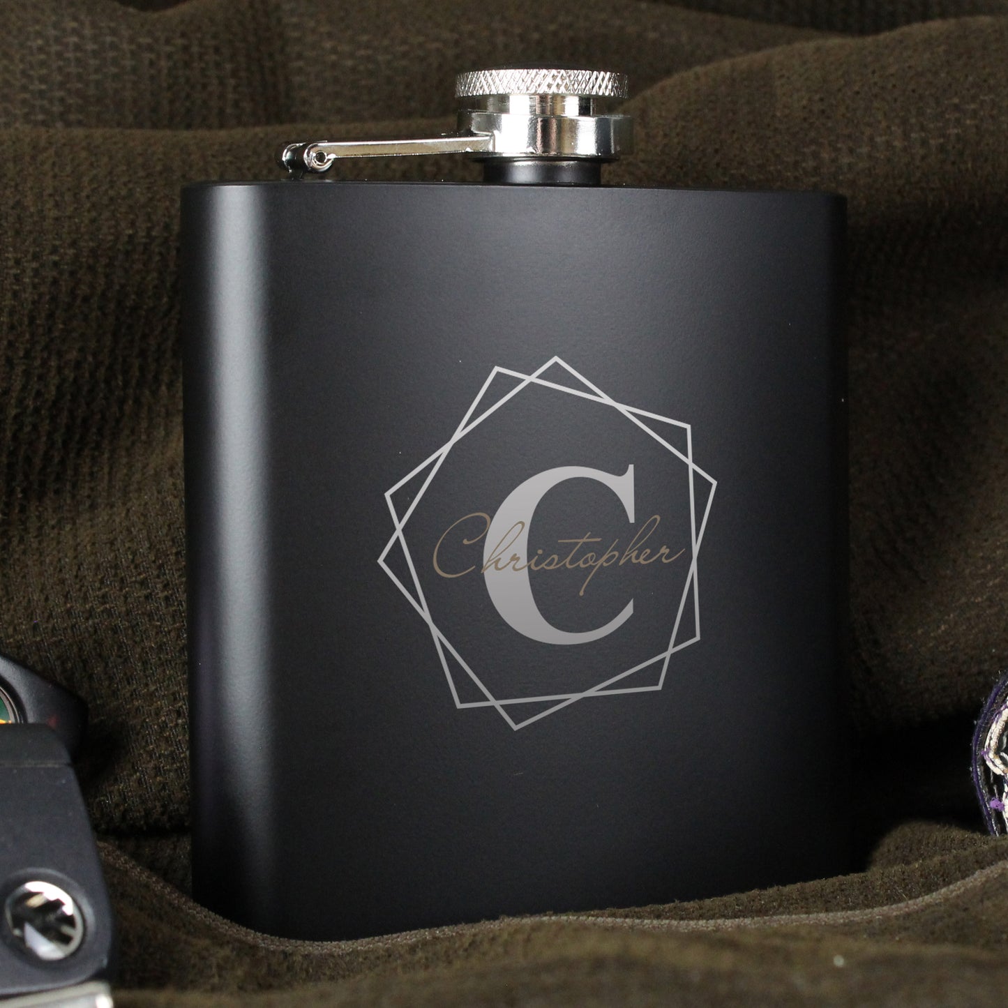 Personalised Geometric Initial Black Hip Flask - MK&JD Gifts