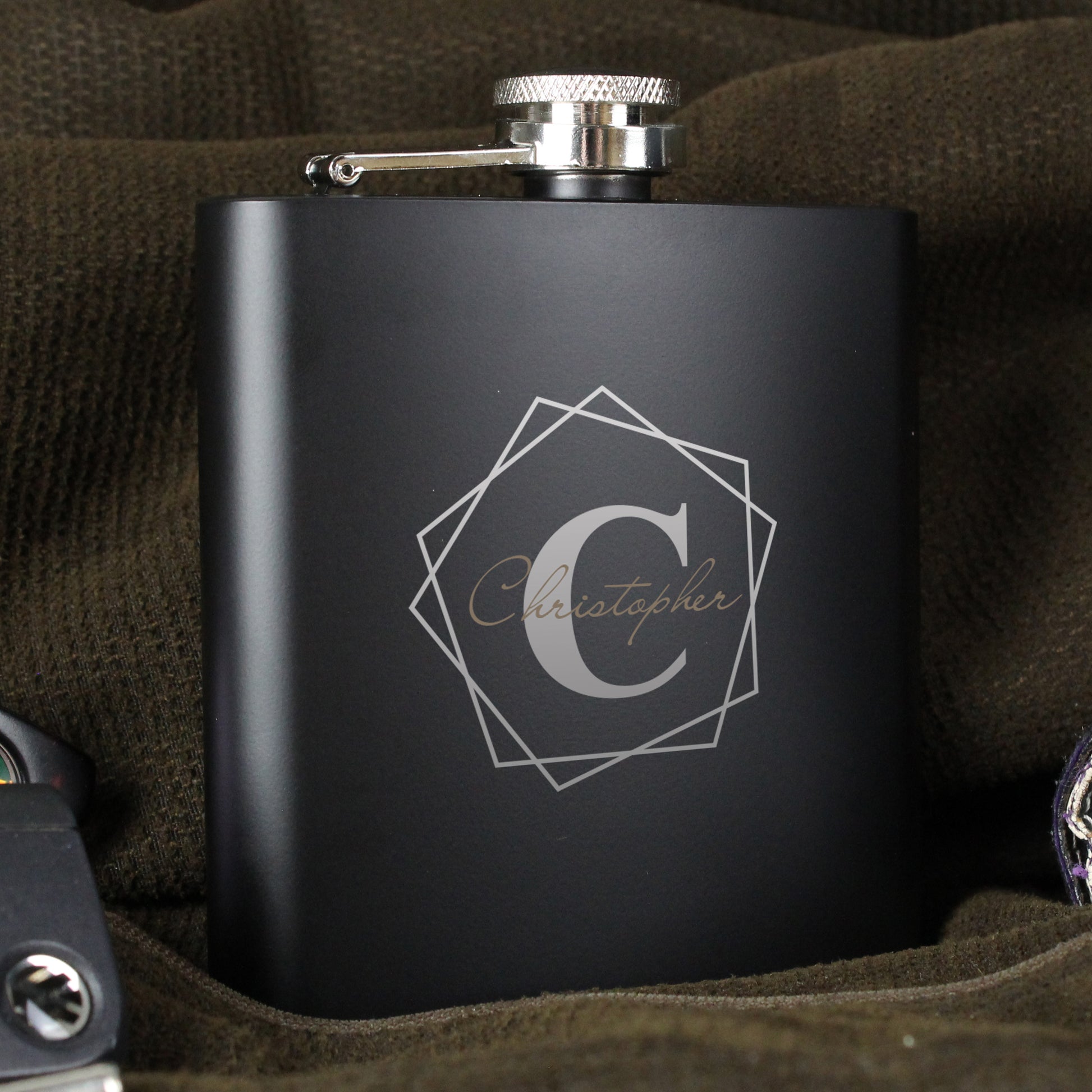 Personalised Geometric Initial Black Hip Flask - MK&JD Gifts