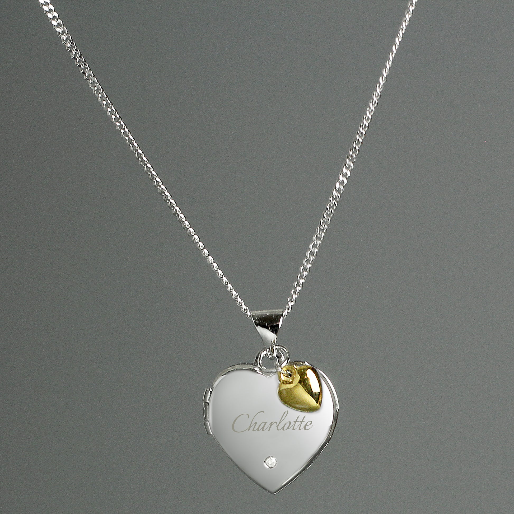Personalised Sterling Silver Heart Locket Necklace with Diamond and 9ct Gold Charm - MK&JD Gifts