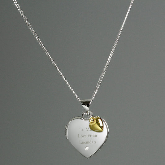 Personalised Sterling Silver Heart Locket Necklace with Diamond & 9ct Gold Charm - MK&JD Gifts