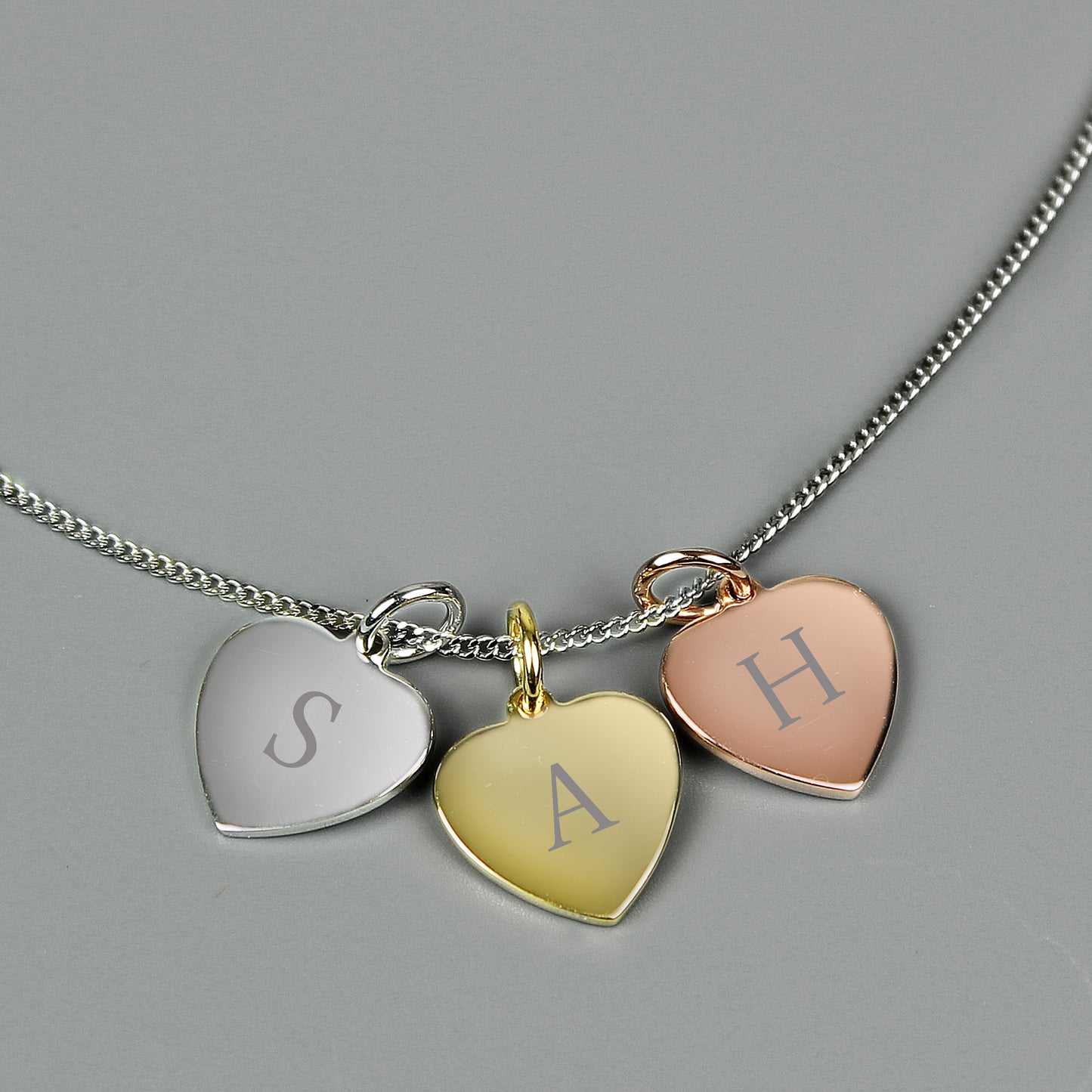Personalised Initials Gold Rose Gold and Silver 3 Hearts Necklace - MK&JD Gifts