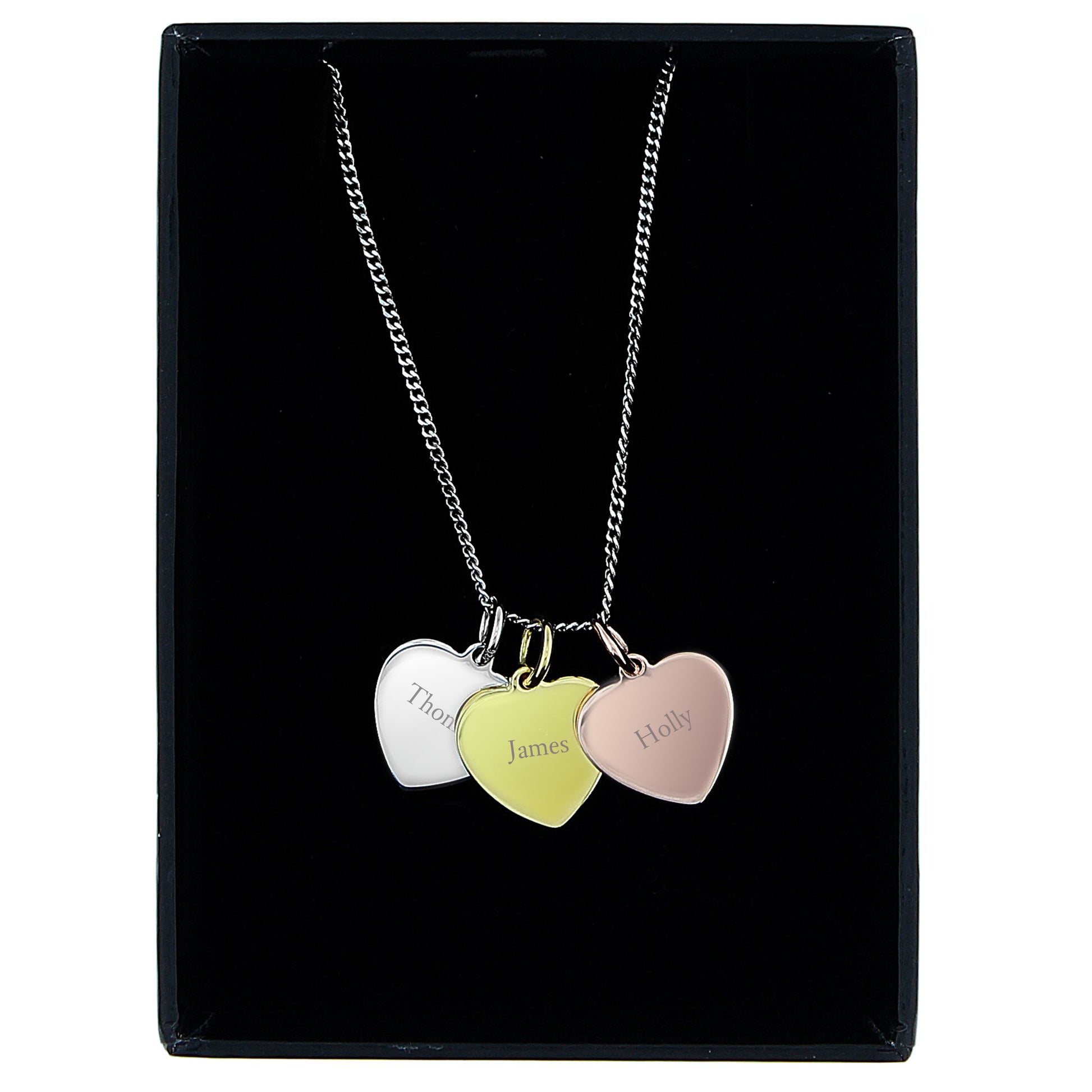 Personalised Names Gold Rose Gold and Silver 3 Hearts Necklace - MK&JD Gifts