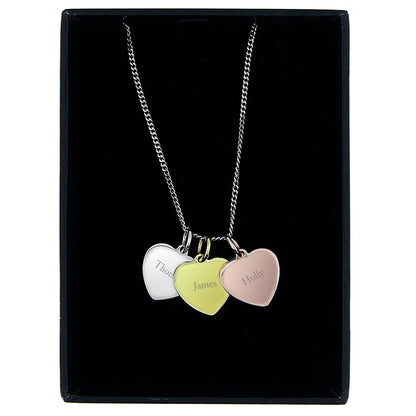 Personalised Names Gold Rose Gold and Silver 3 Hearts Necklace - MK&JD Gifts