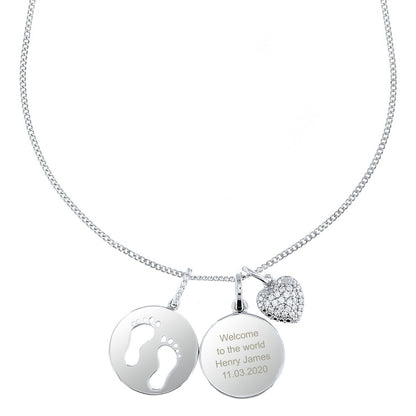 Personalised Sterling Silver Footprints and Cubic Zirconia Heart Necklace - MK&JD Gifts