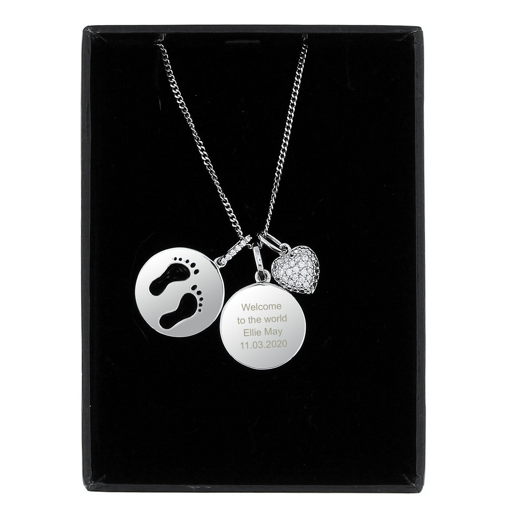 Personalised Sterling Silver Footprints and Cubic Zirconia Heart Necklace - MK&JD Gifts