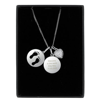 Personalised Sterling Silver Footprints and Cubic Zirconia Heart Necklace - MK&JD Gifts