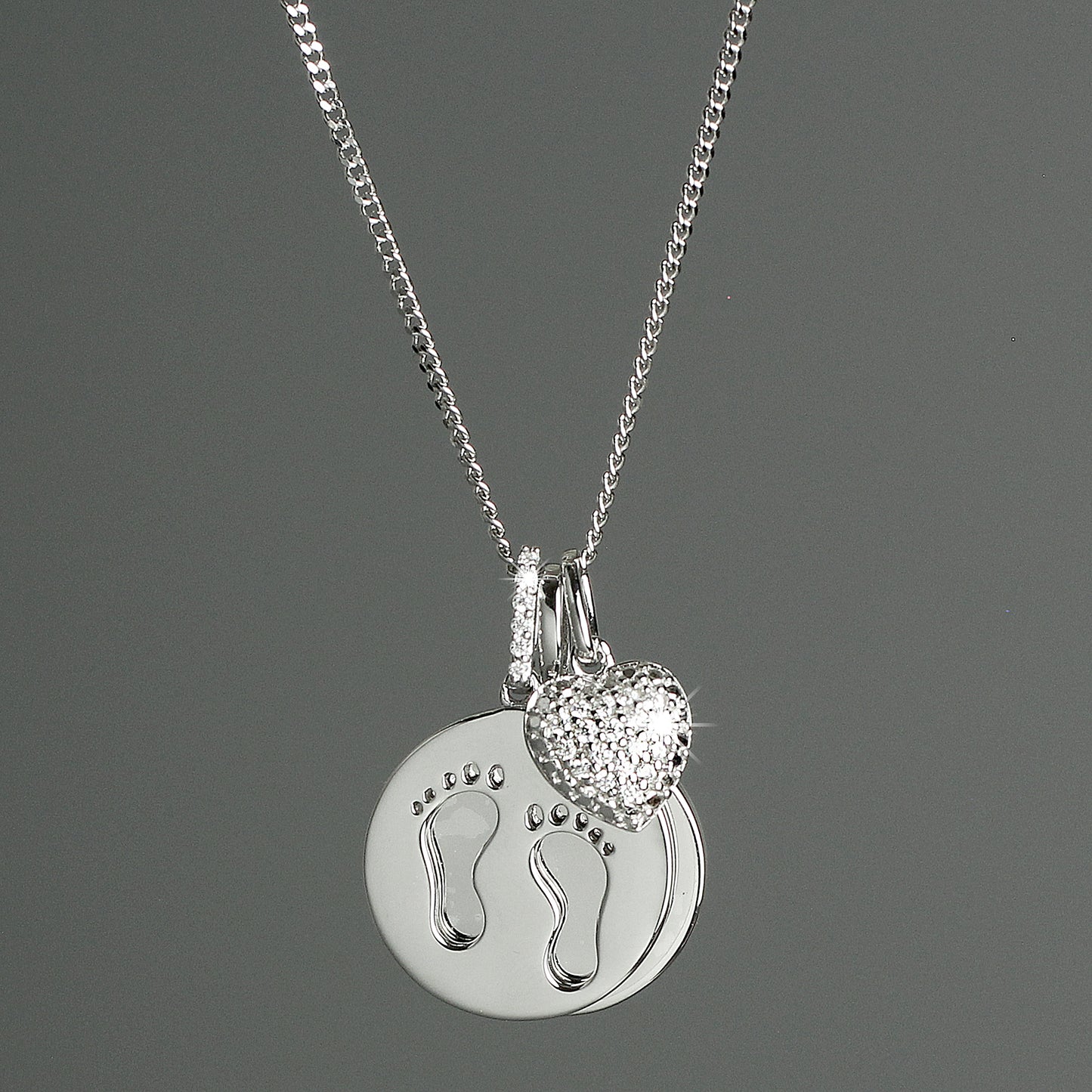 Personalised Sterling Silver Footprints and Cubic Zirconia Heart Necklace - MK&JD Gifts