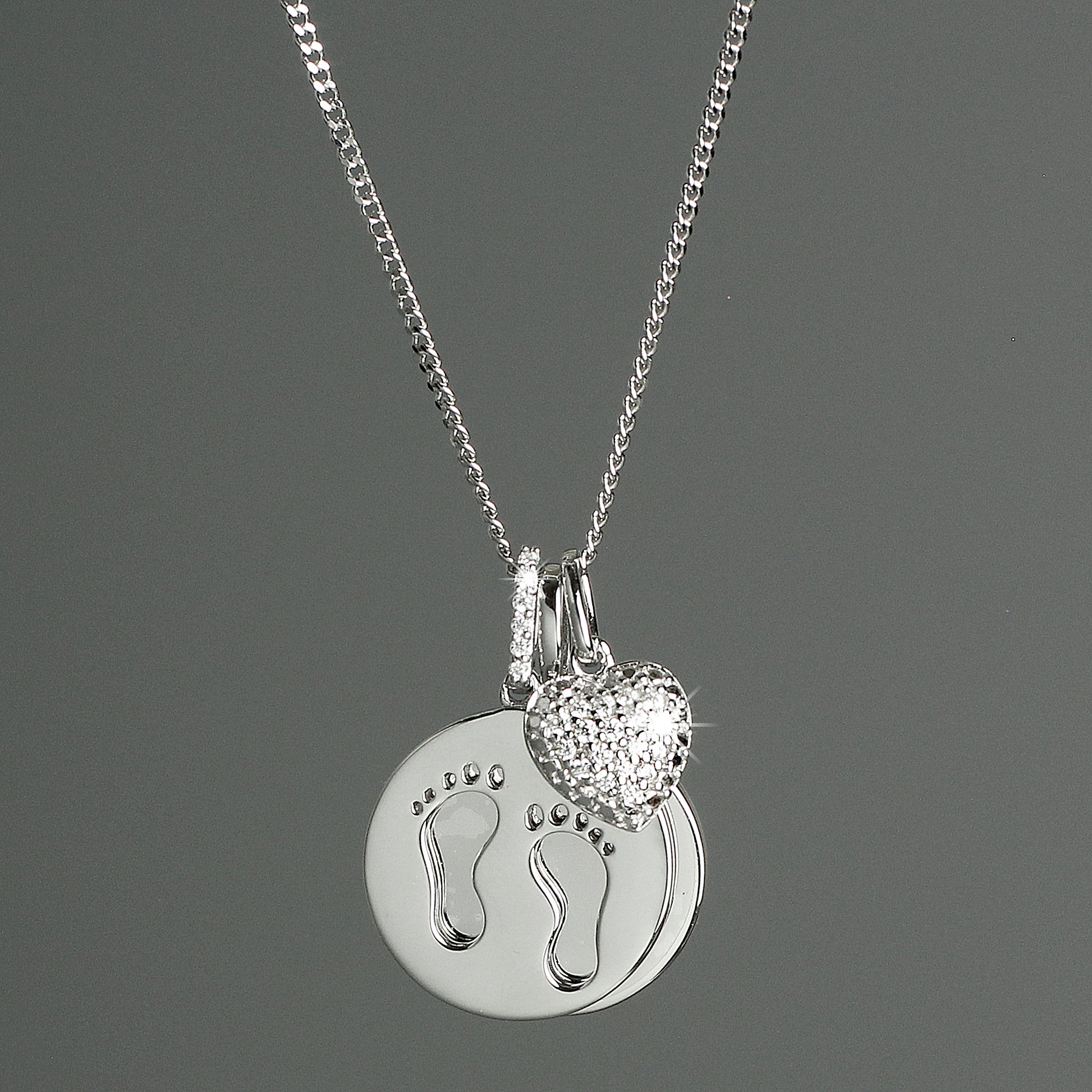 Personalised Sterling Silver Footprints and Cubic Zirconia Heart Necklace - MK&JD Gifts