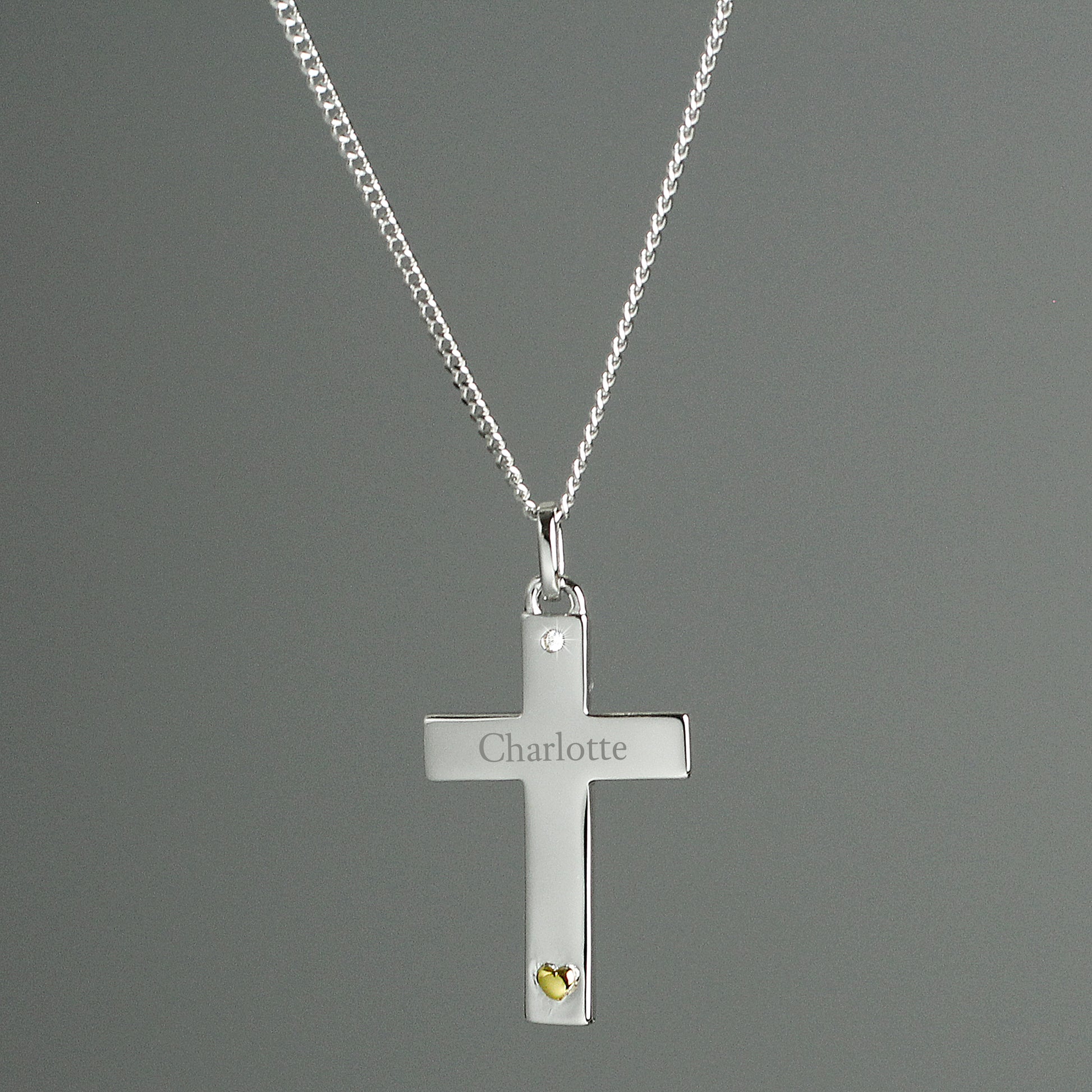 Personalised Sterling Silver Cross with 9ct Gold Heart & CZ Necklace - MK&JD Gifts