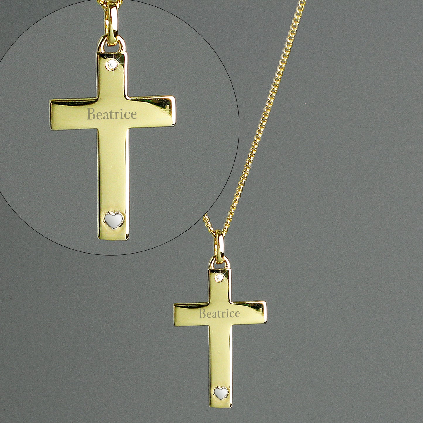 Personalised 9ct Gold Cross with Sterling Silver Heart & CZ Necklace