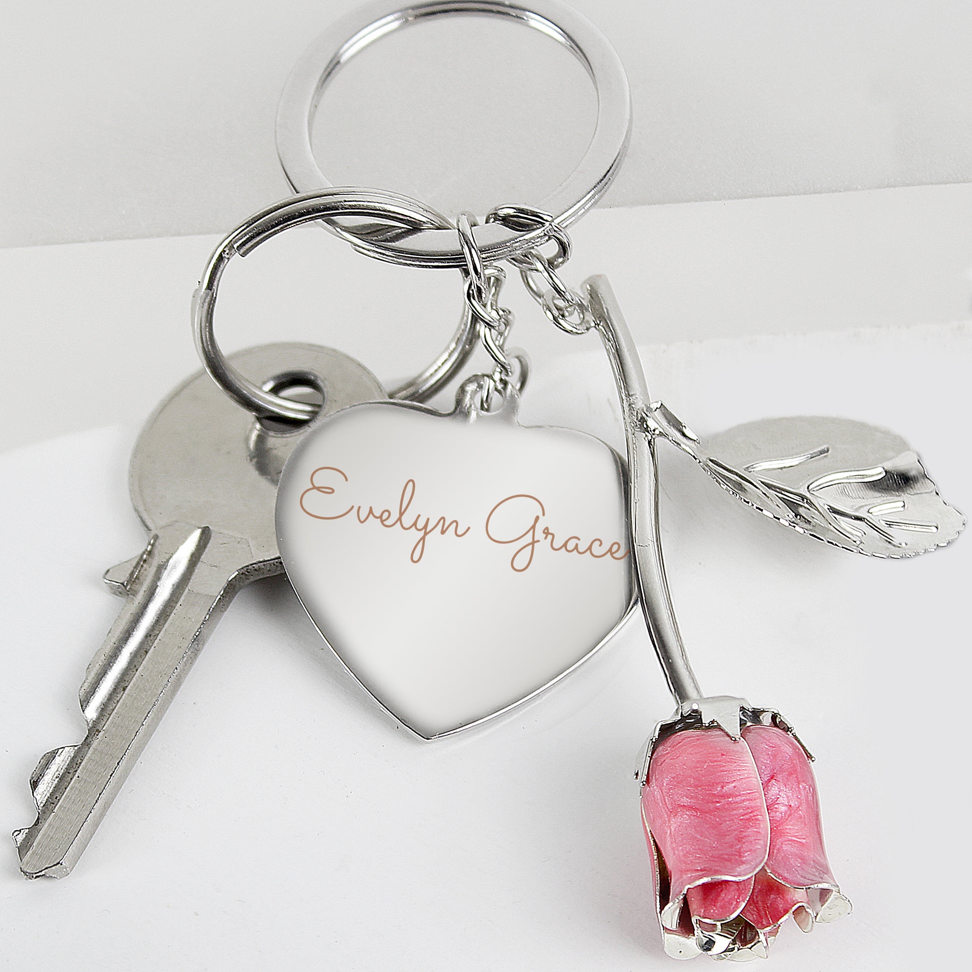 Personalised Silver Plated Name Pink Rose Keyring - MK&JD Gifts